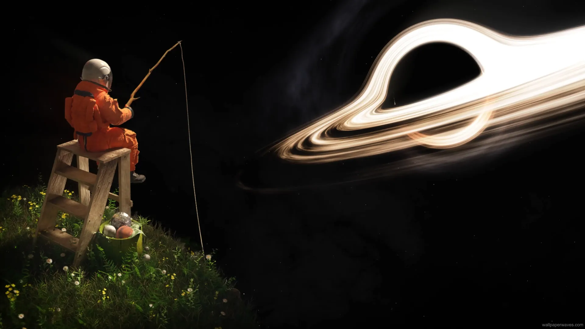 Astronaut sitting on a crescent moon, fishing amidst a star-filled galaxy in a whimsical space-themed wallpaper.