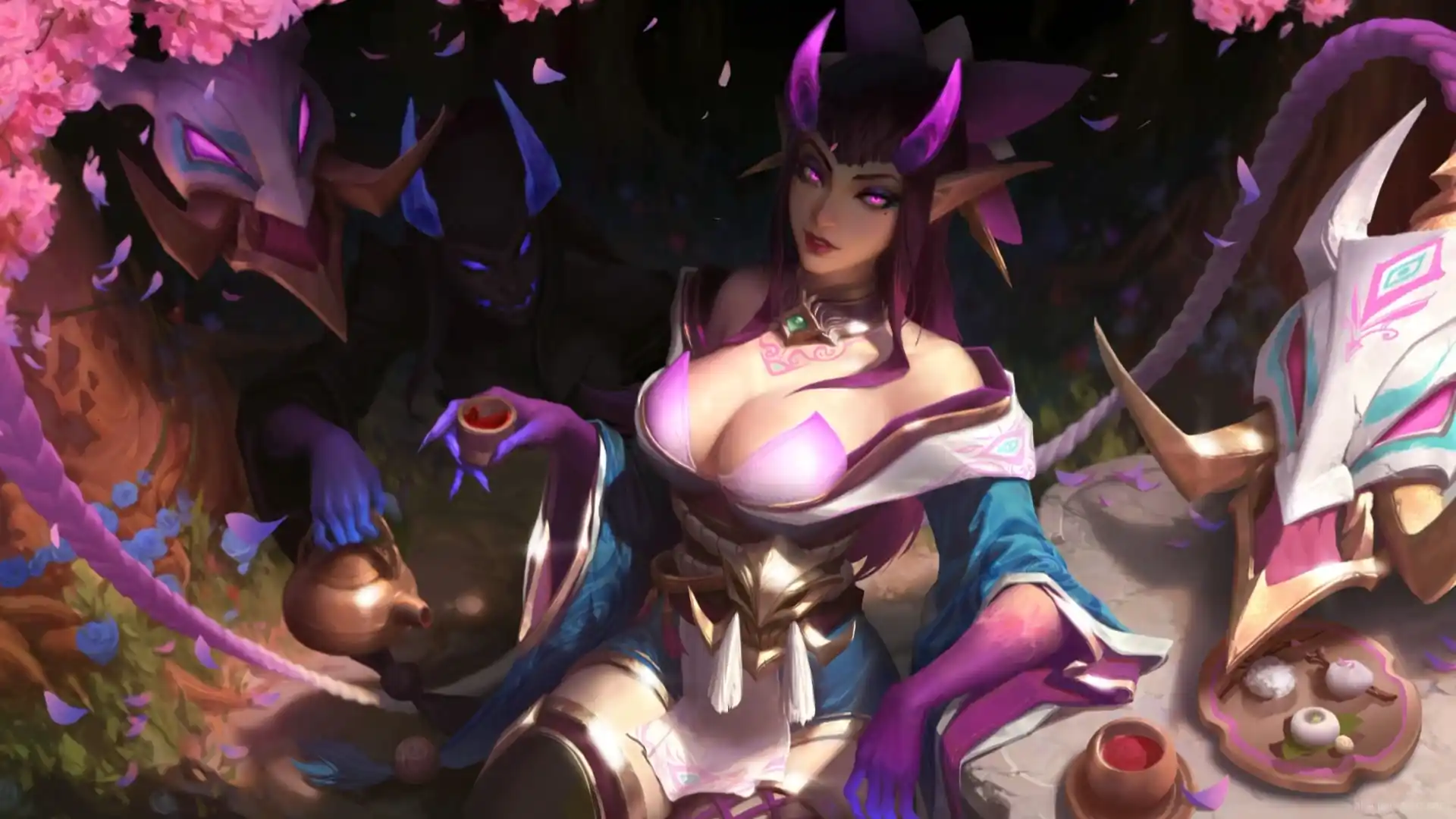 Spirit Blossom Evelynn floating in a moonlit forest with glowing tendrils and ethereal petals in League of Legends wallpaper.