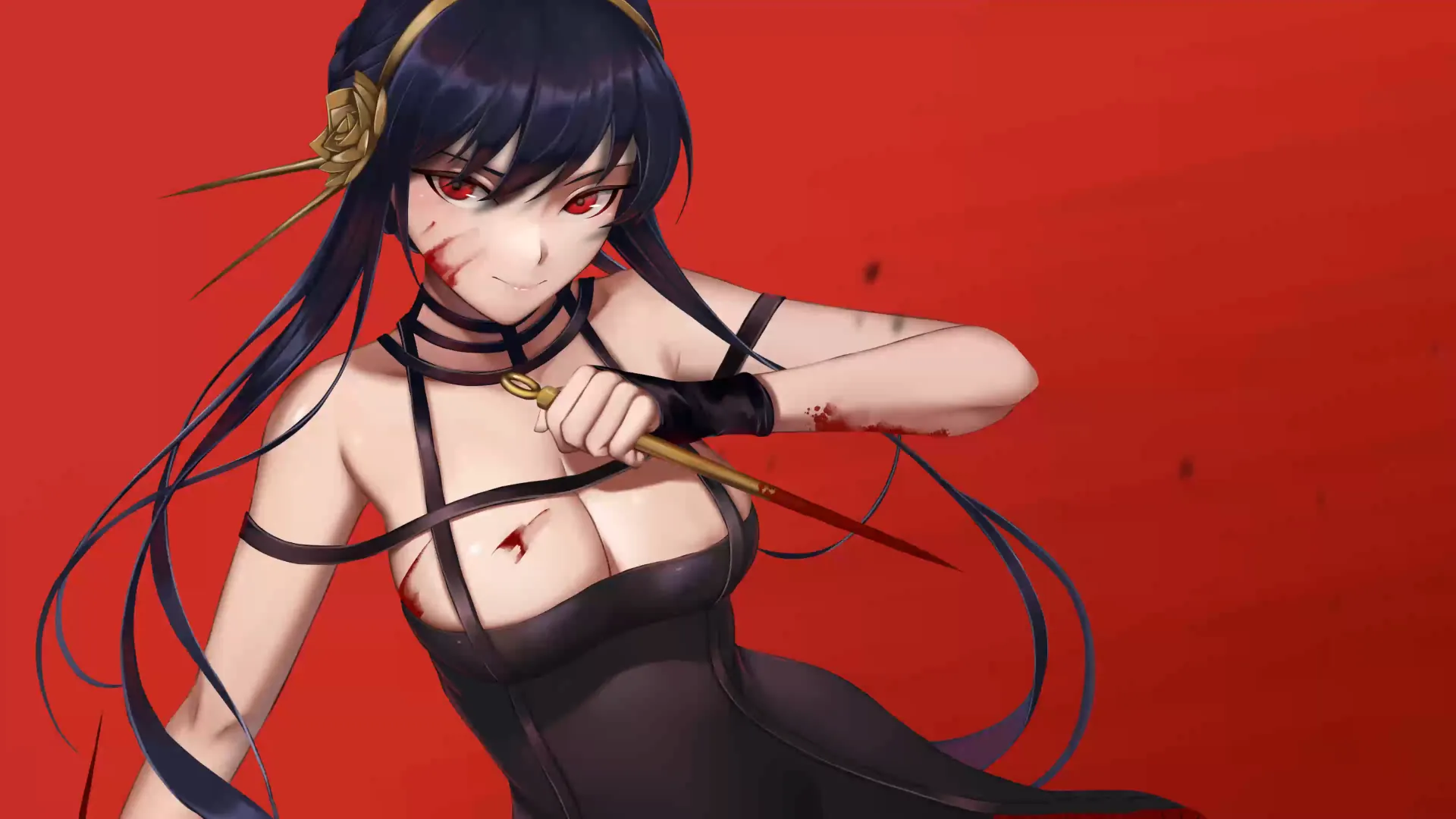 Yor Forger from Spy x Family, elegantly poised with her signature weapons, set against a softly lit background.