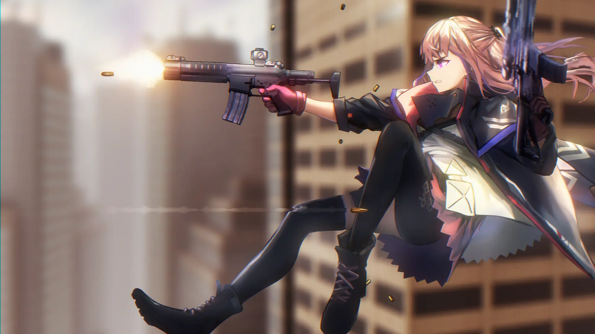 ST AR-15 standing with her rifle in a neon digital corridor from Girls' Frontline game wallpaper.