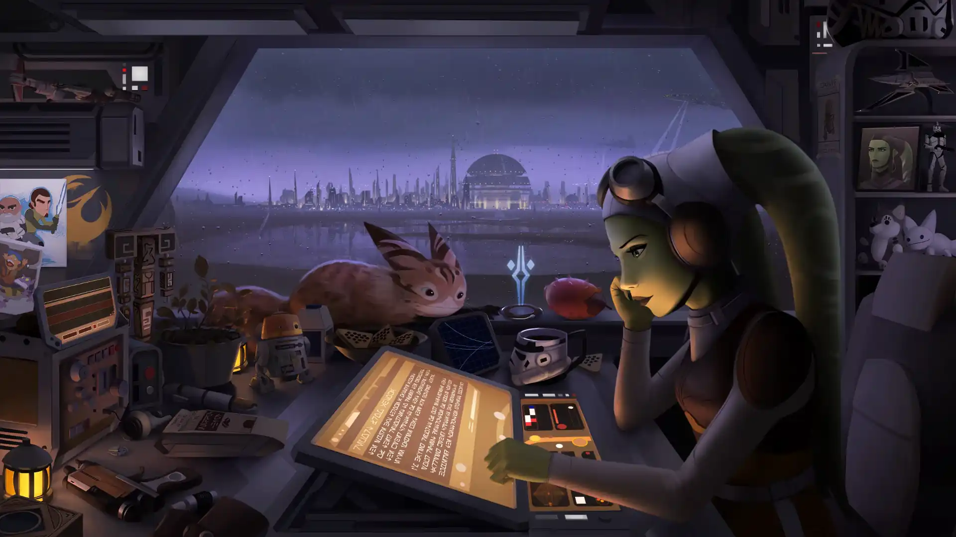 Hera from Star Wars relaxing with headphones in a dim-lit starship cabin surrounded by glowing lights and cosmic rain wallpaper.