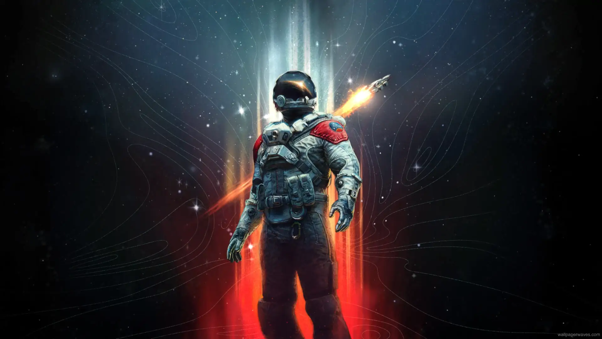 Astronaut floating in outer space near a futuristic station with distant stars and planets glowing around them in a sci-fi wallpaper.
