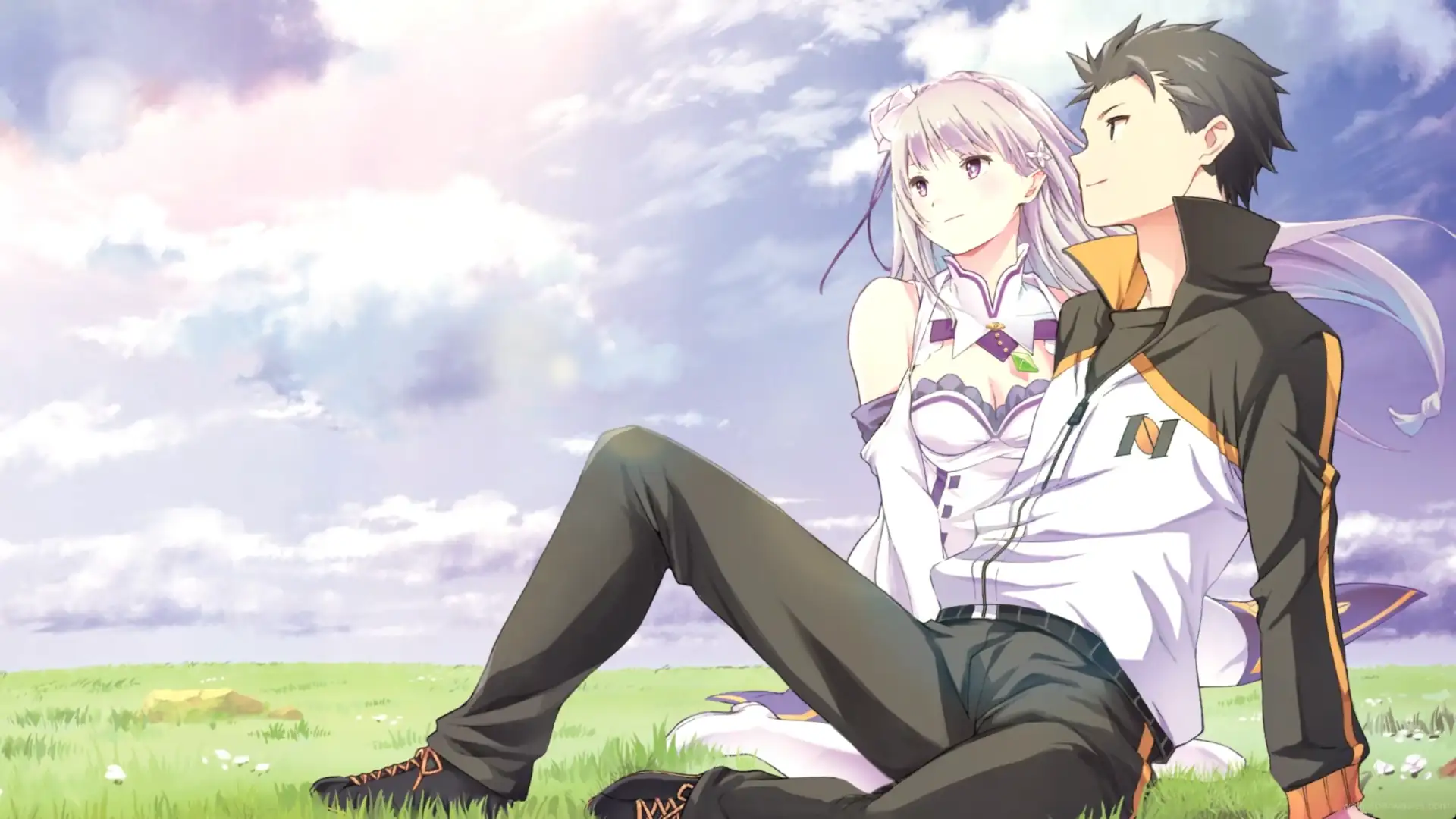 Subaru and Princess Emilia standing together in a glowing fantasy scene with flower petals and soft light in a romantic anime wallpaper.