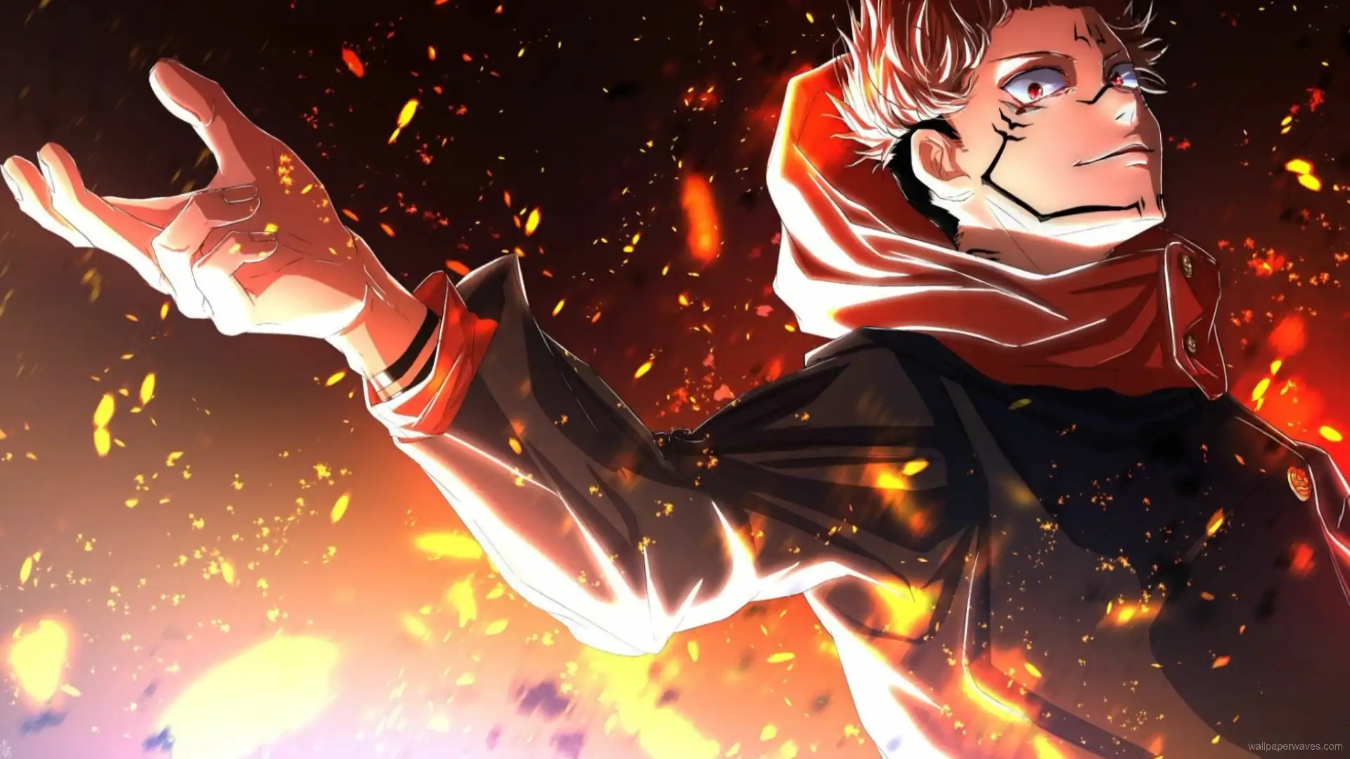 Sukuna from Jujutsu Kaisen sitting confidently with red cursed aura and glowing eyes in dark anime wallpaper.