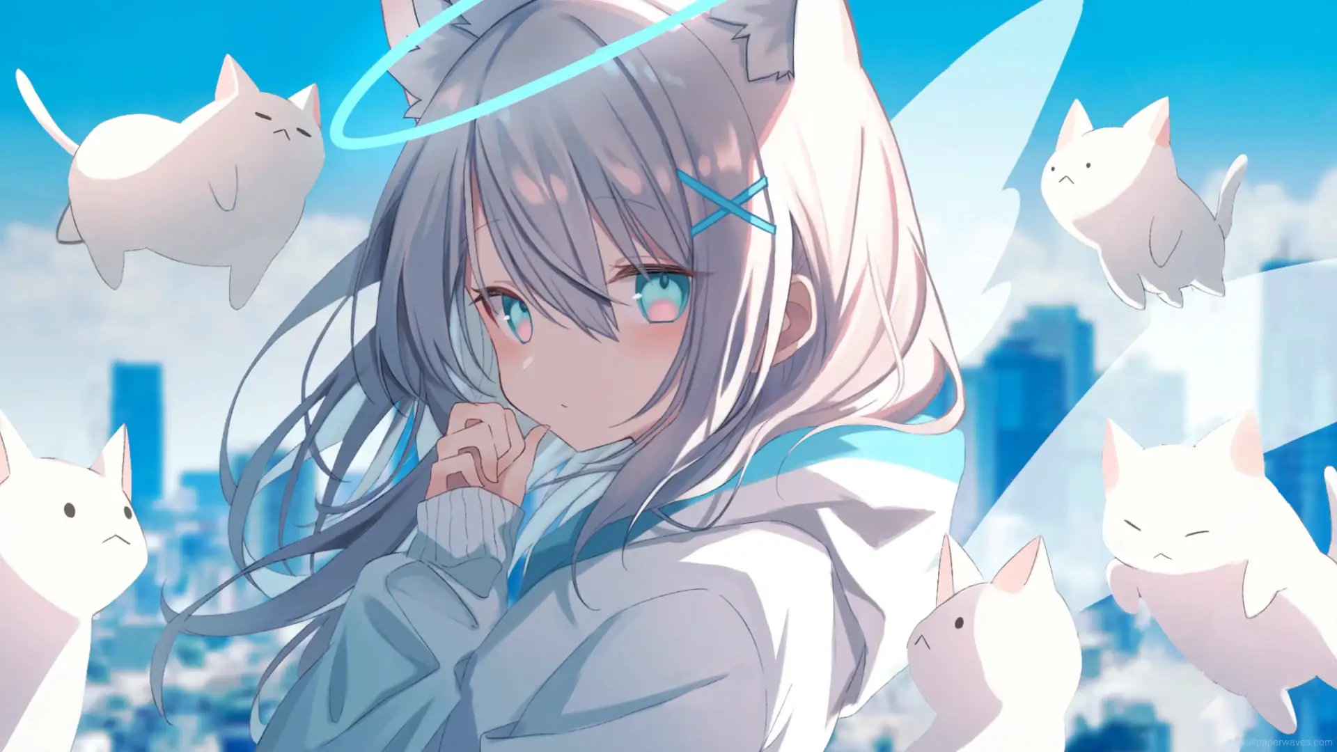 Sunaookami Shiroko from Blue Archive with cat ears and a sniper rifle standing in a neon-lit city at night in an anime wallpaper.