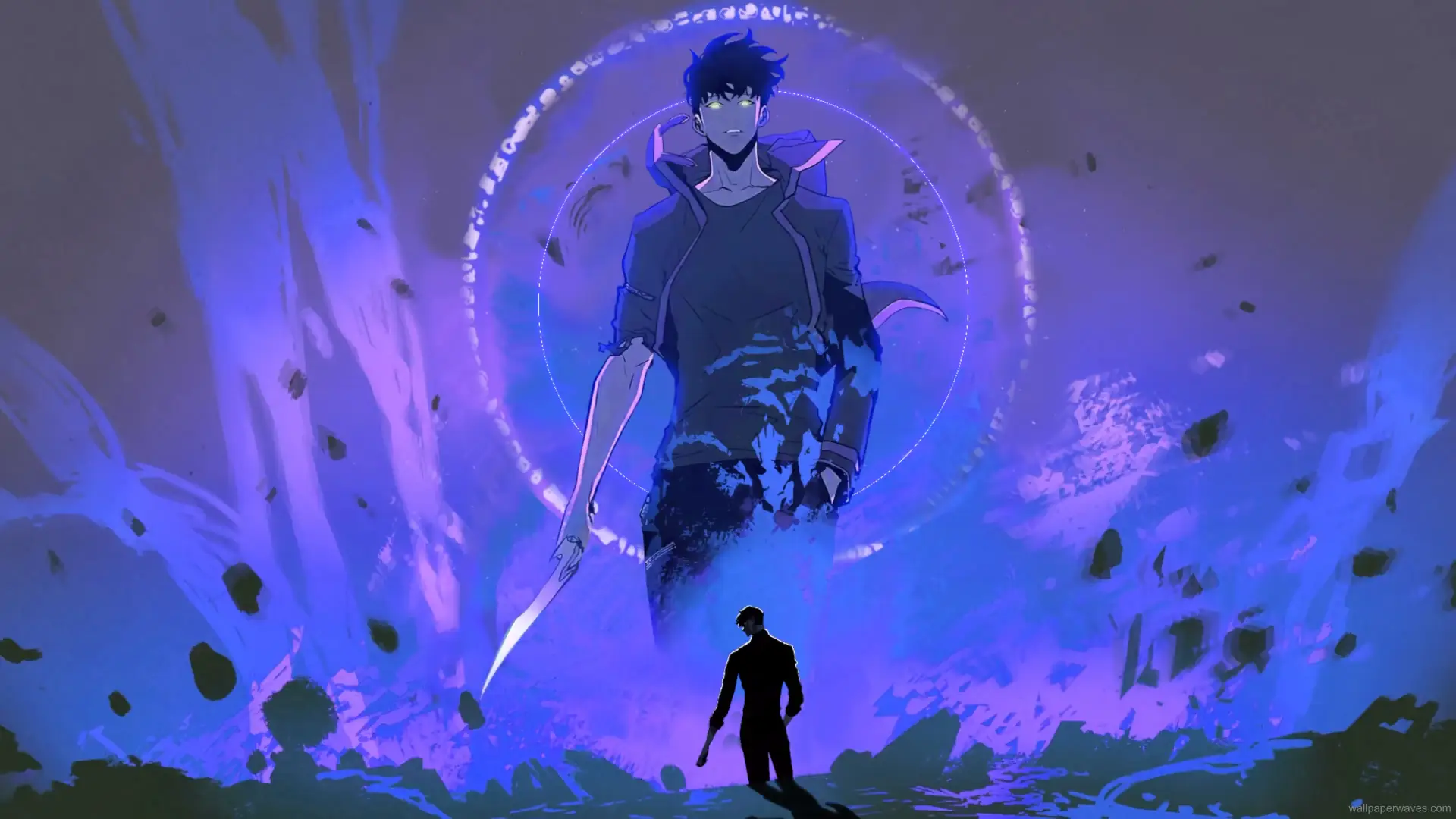 Sung Jin-Woo surrounded by shadow soldiers with glowing eyes and dark energy swirling around him in a powerful Solo Leveling anime wallpaper.