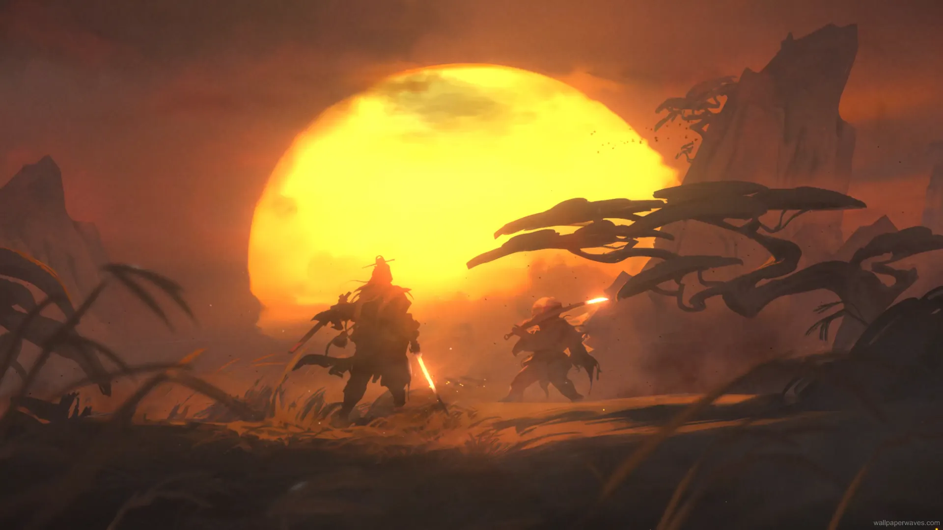 Silhouetted samurai warrior standing in a field beneath a glowing sunset with his sword lowered in a calm, cinematic landscape wallpaper.