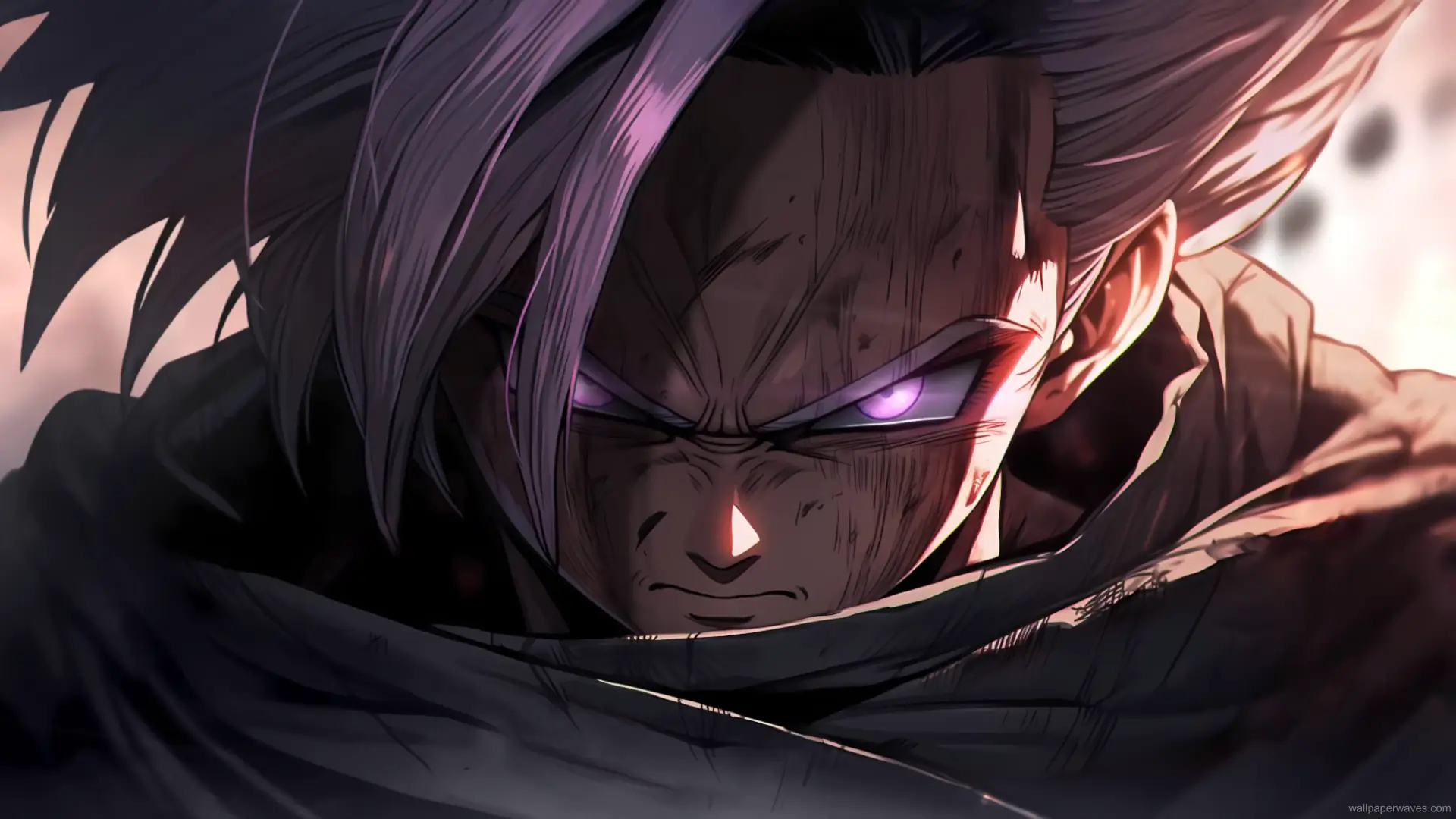Super Saiyan Trunks from Dragon Ball glowing with energy and lightning in the background while holding his sword in a powerful anime wallpaper.