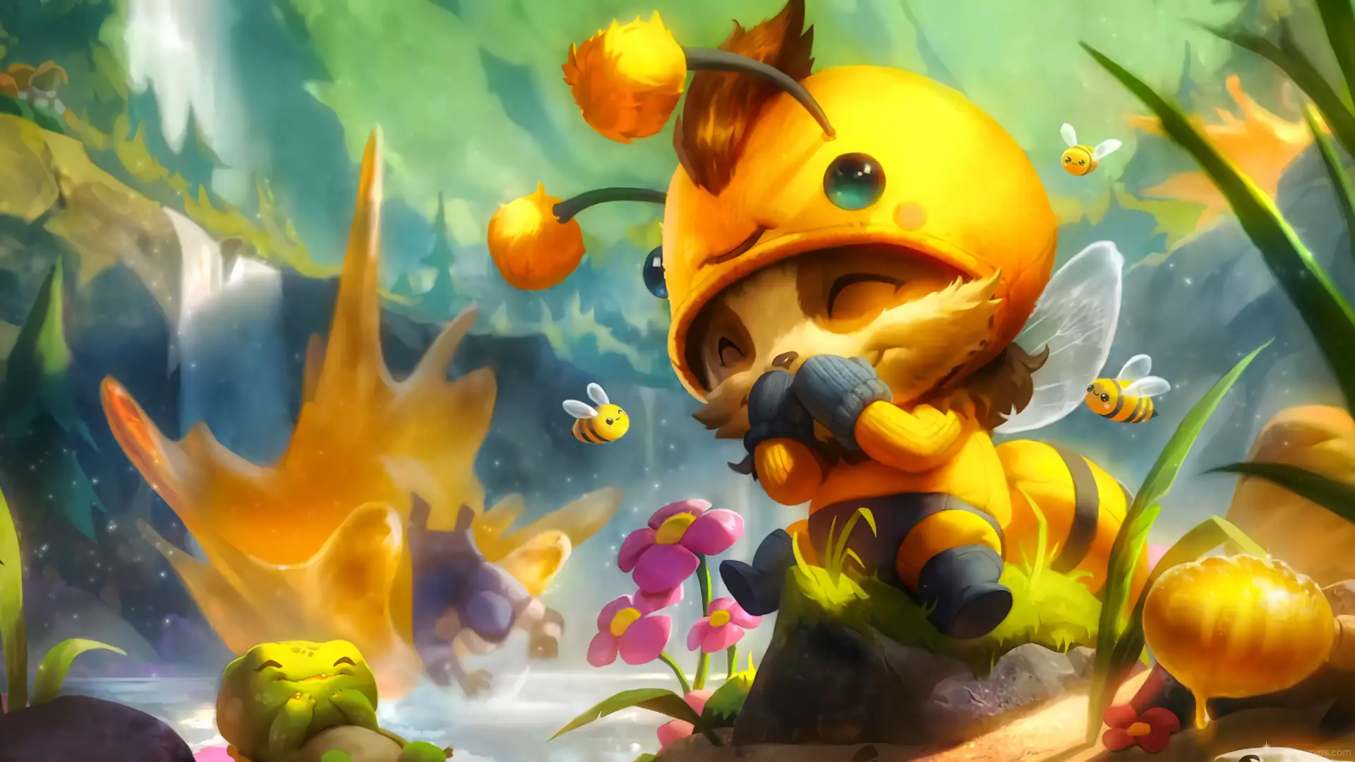 Teemo in a bee costume surrounded by flowers and bees in a colorful, animated League of Legends wallpaper.