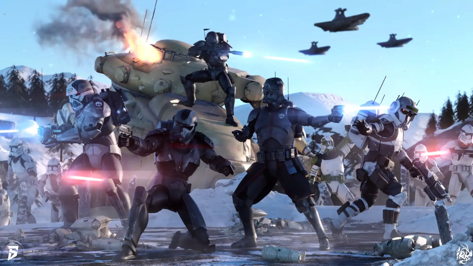 The Bad Batch clone squad standing in formation under a fiery sky with war-torn terrain in a Star Wars-themed wallpaper.
