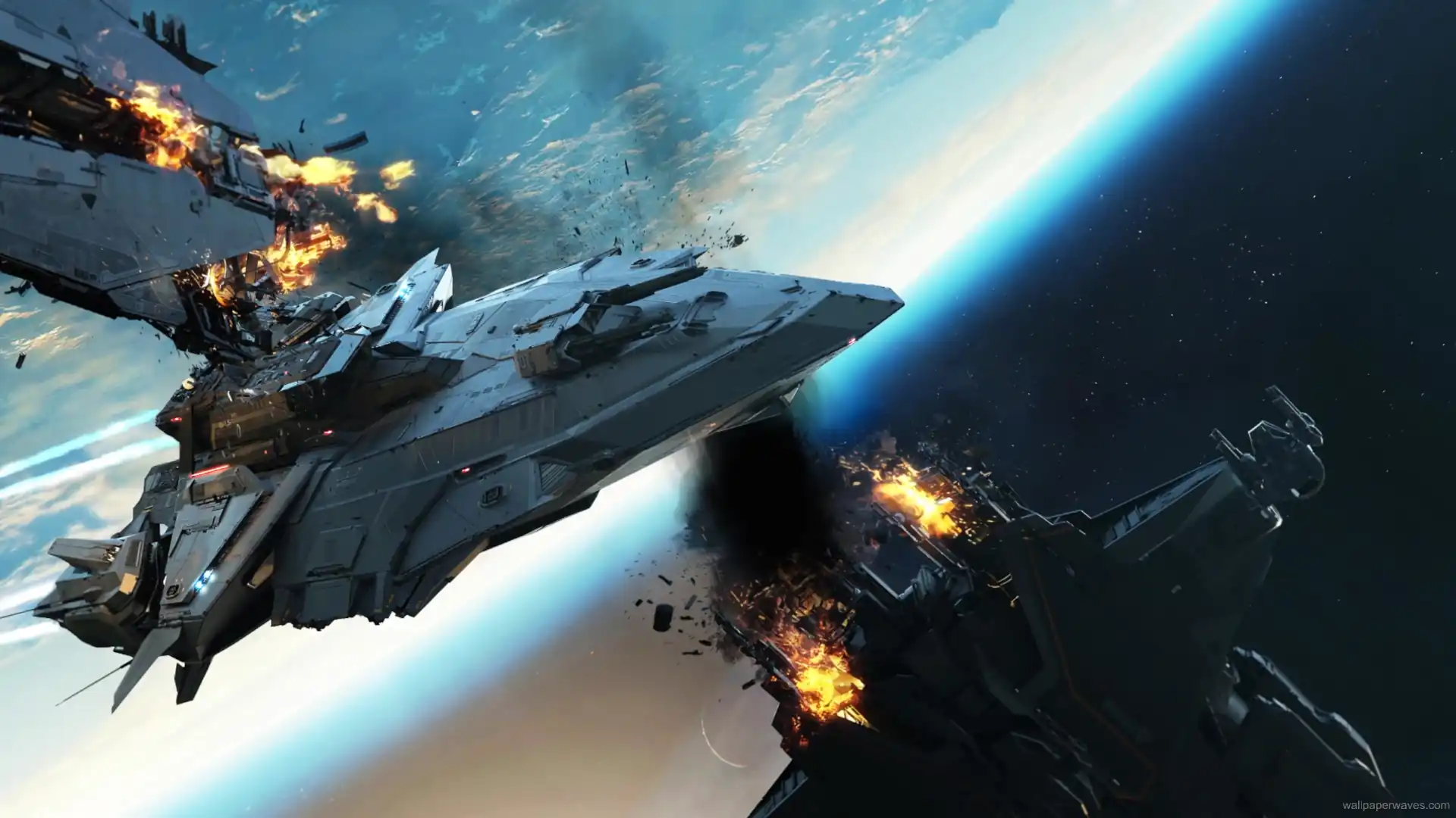 The Perseus-class Star Citizen gunship flying through deep space with glowing thrusters and massive cannons wallpaper.