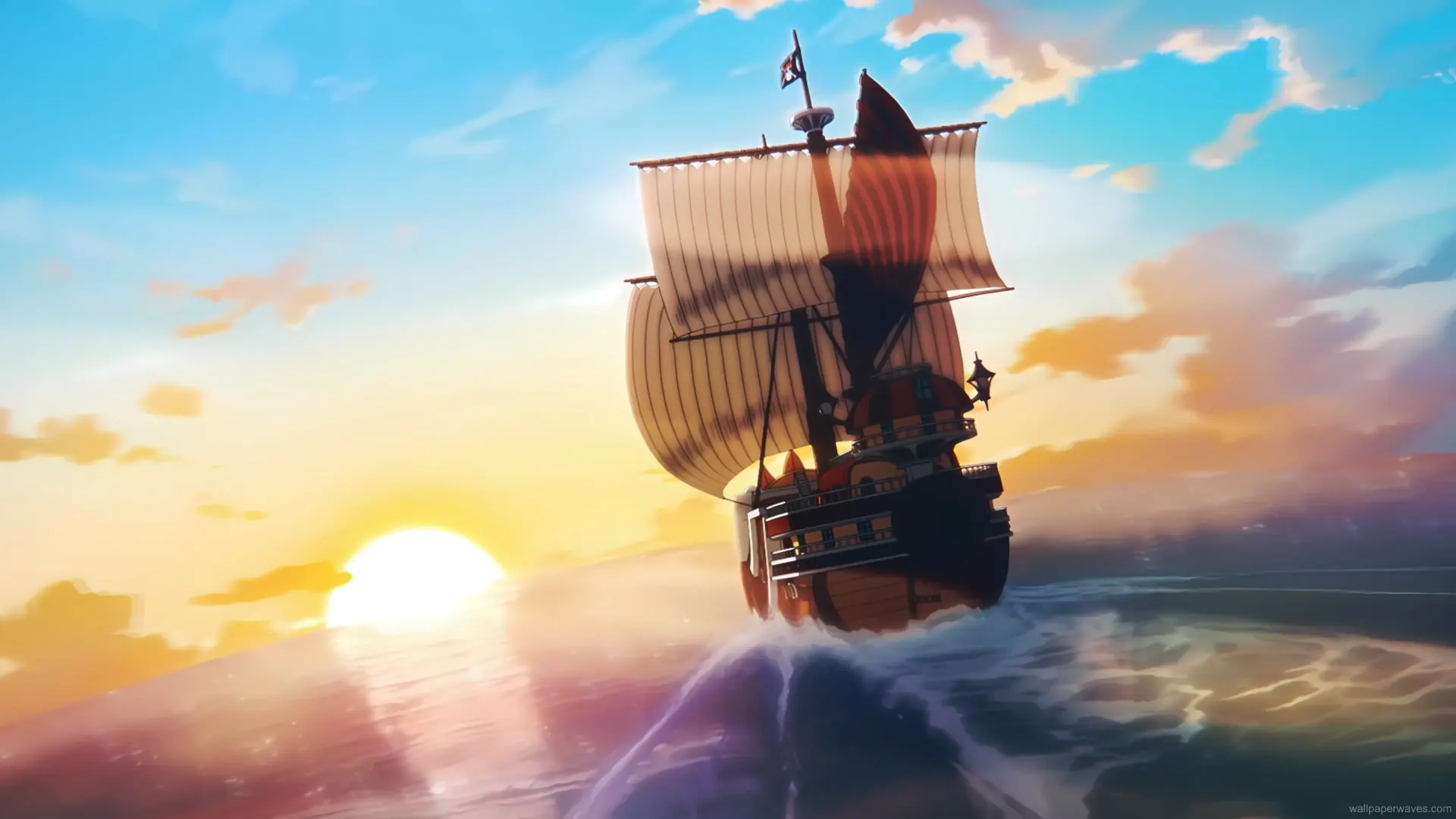 Thousand Sunny ship from One Piece sailing on sparkling ocean under golden sky in an anime adventure wallpaper.