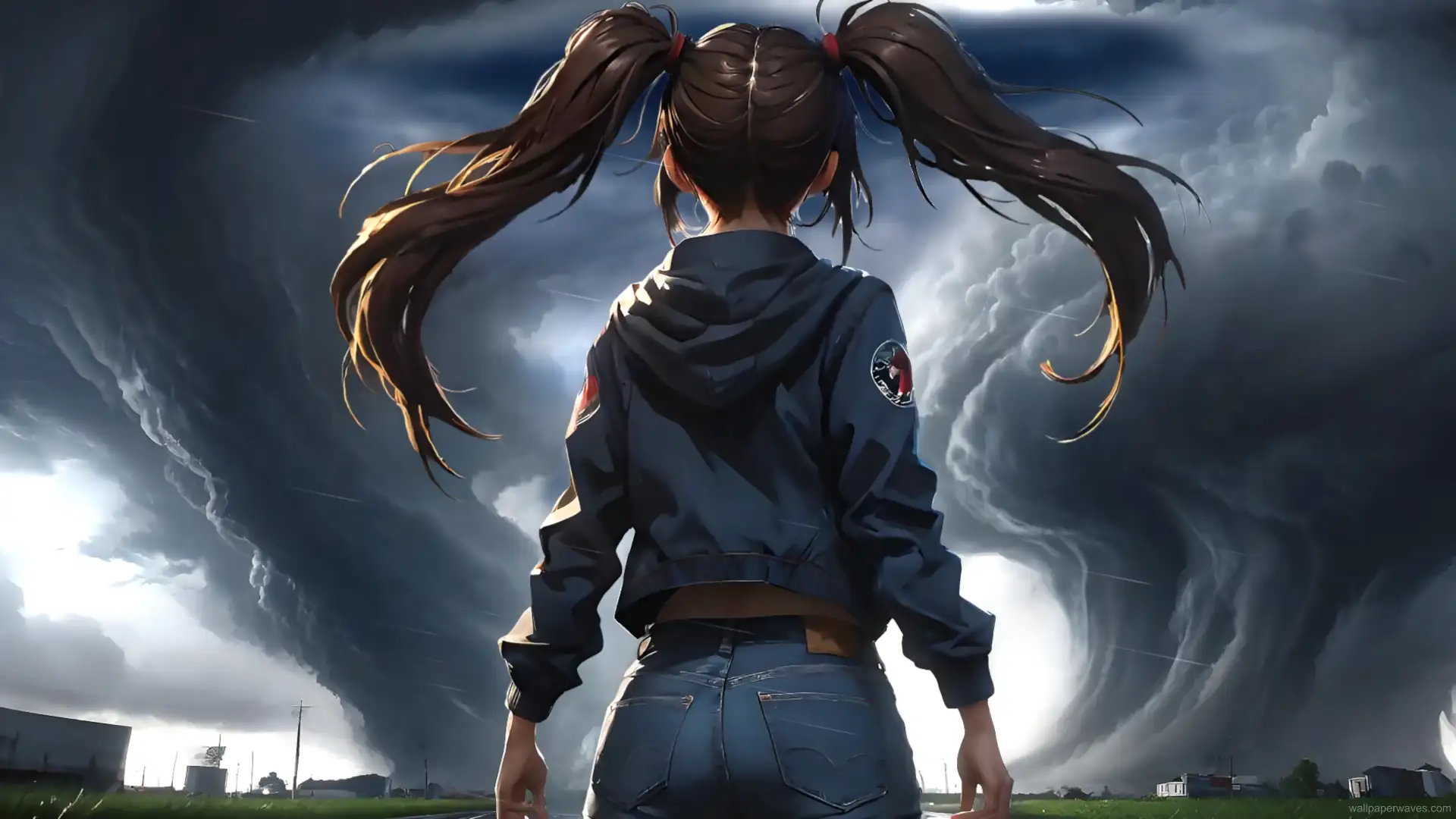 Cartoon tornado girl with glowing eyes and a red cape standing in the center of a swirling storm, with debris and wind circling around her.