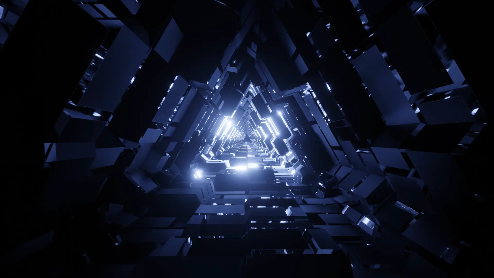 Glowing neon triangle tunnel with shifting colors and symmetrical light patterns in a futuristic abstract wallpaper.