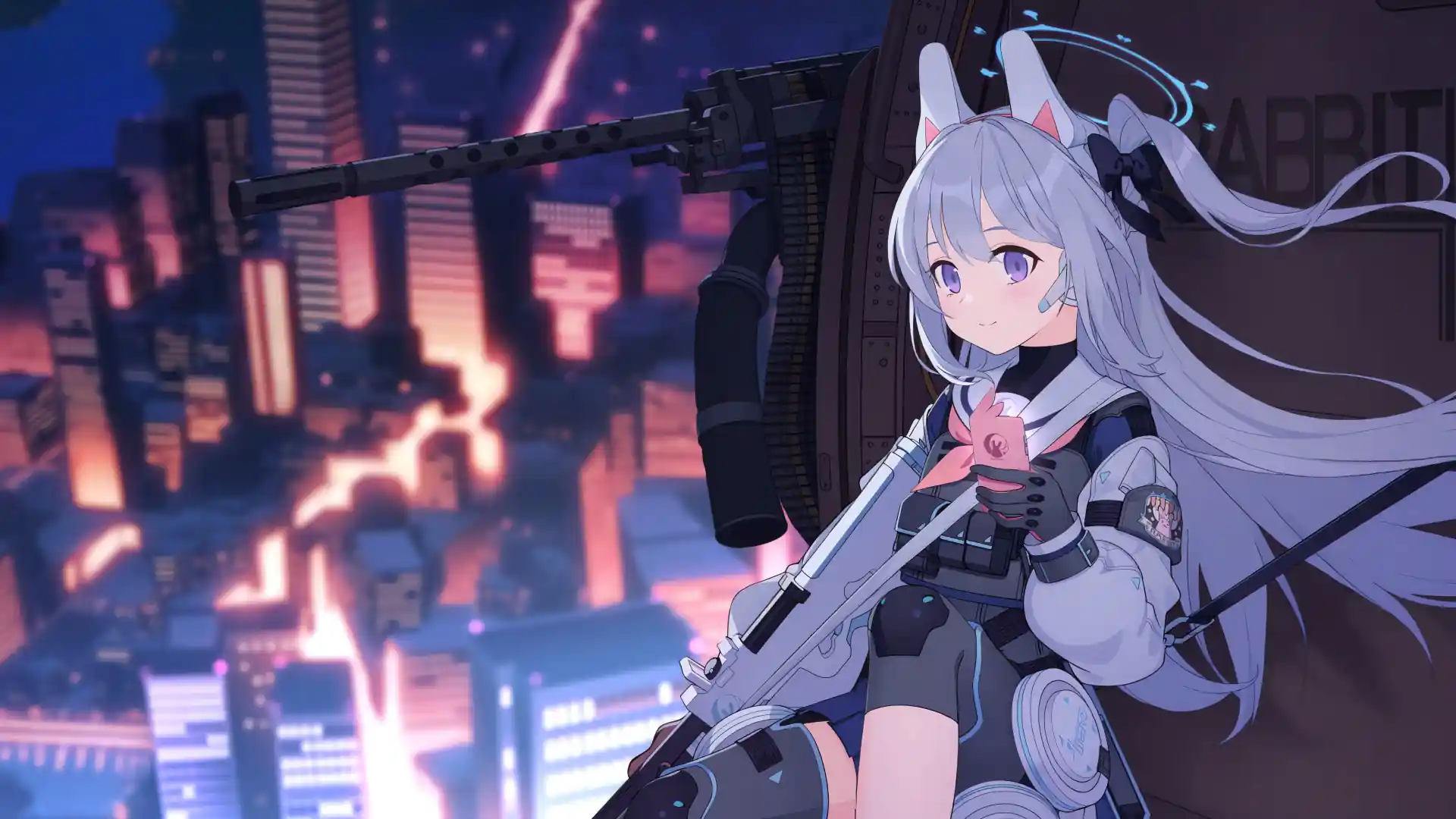Tsukiyuki Miyako from Blue Archive sitting in a helicopter with wind in her hair and city lights below in a stylish anime wallpaper.