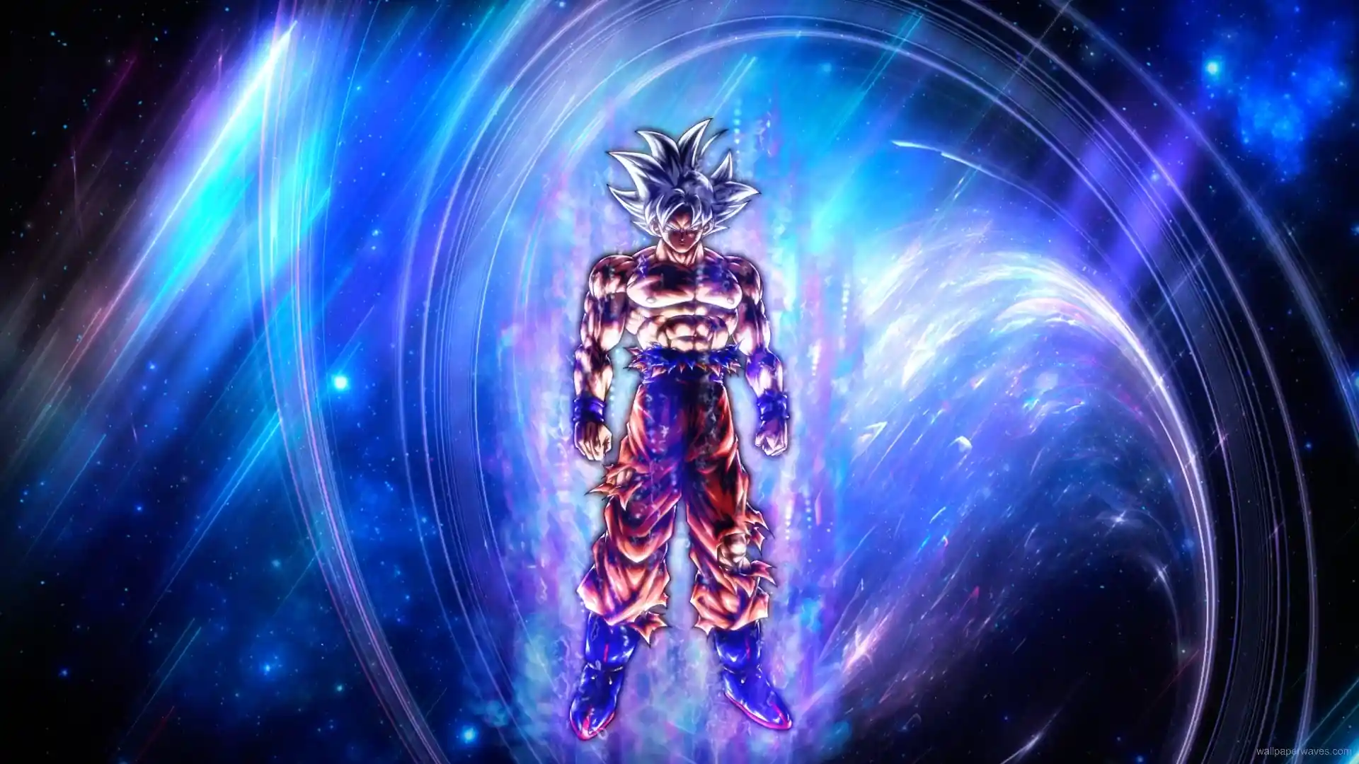 Ultra Instinct Goku floating mid-air with glowing silver aura and intense gaze in Dragon Ball Legends anime wallpaper.