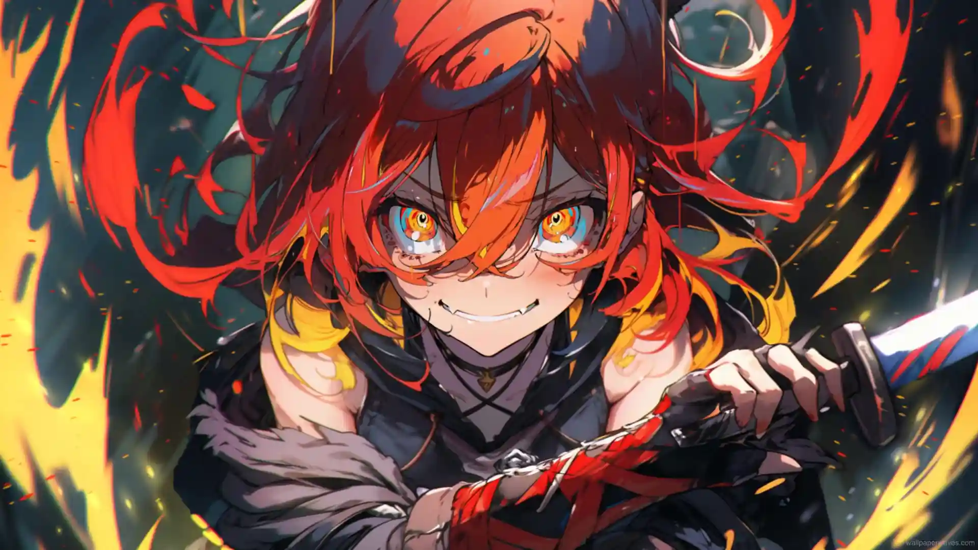 Anime vampire girl with glowing red eyes standing on a gothic balcony under moonlight, with long black hair and drifting red petals in the background.