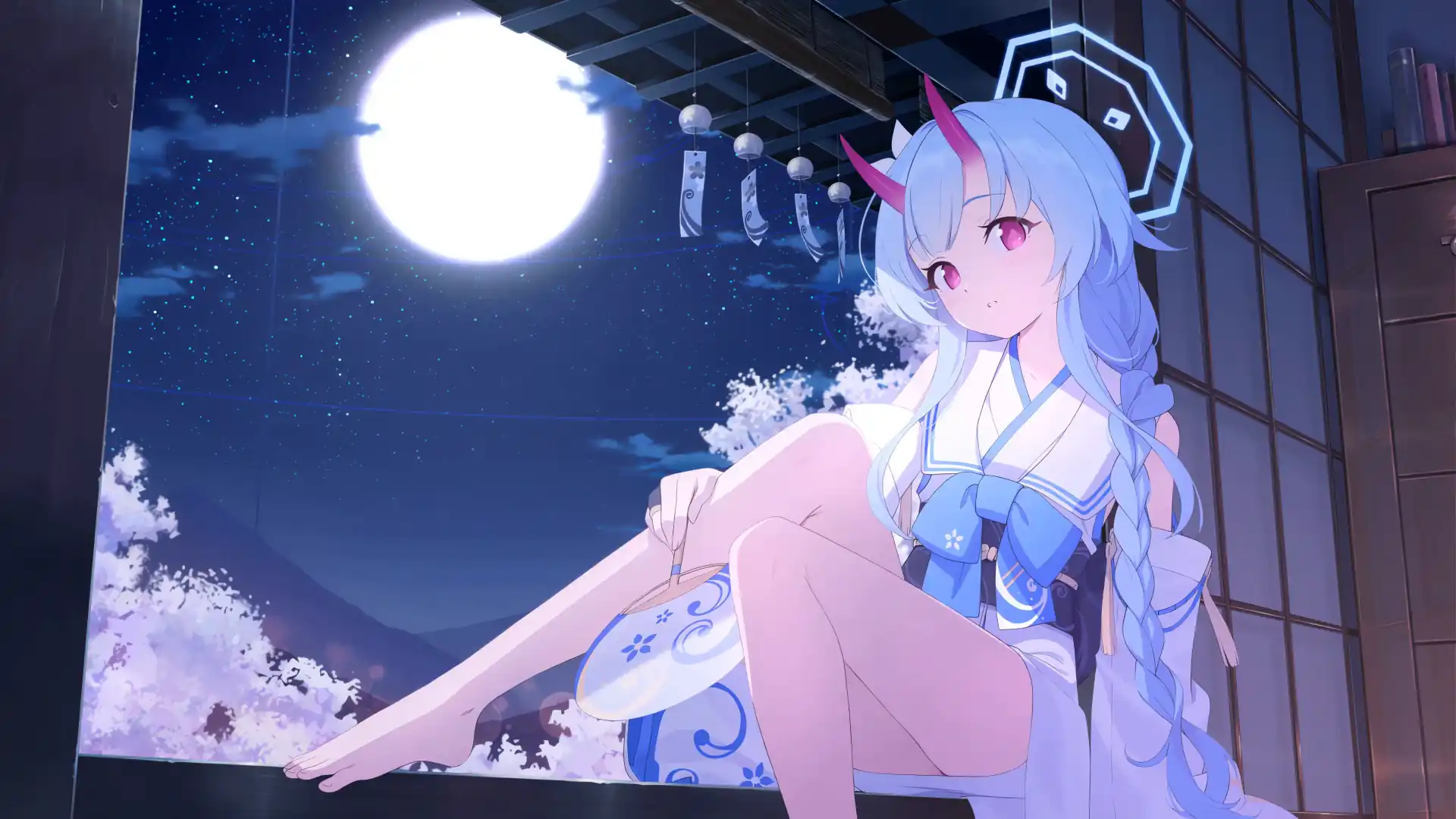 Waraku Chise standing in a moonlit cherry blossom garden in a traditional kimono with glowing fireflies from Blue Archive wallpaper.