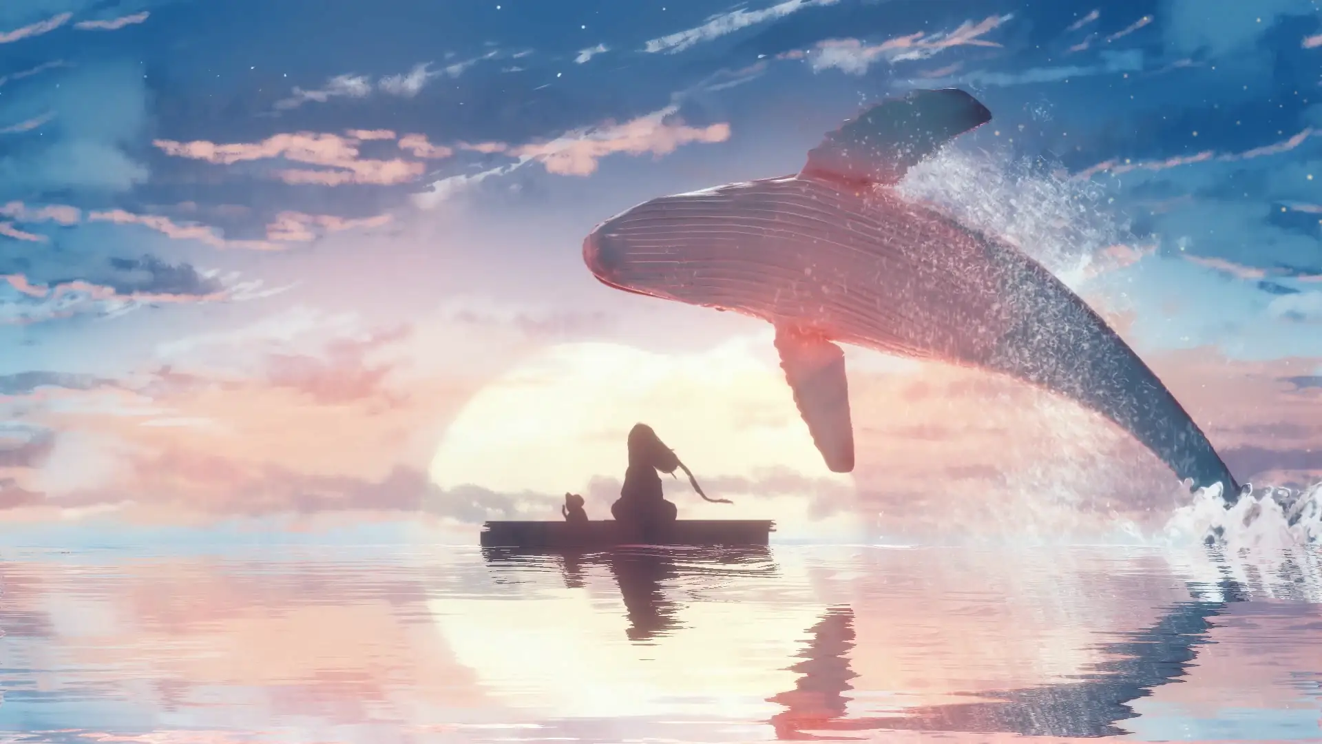 Massive whale breaching out of the ocean with water spraying around, illuminated by sunlight against a misty sea backdrop.