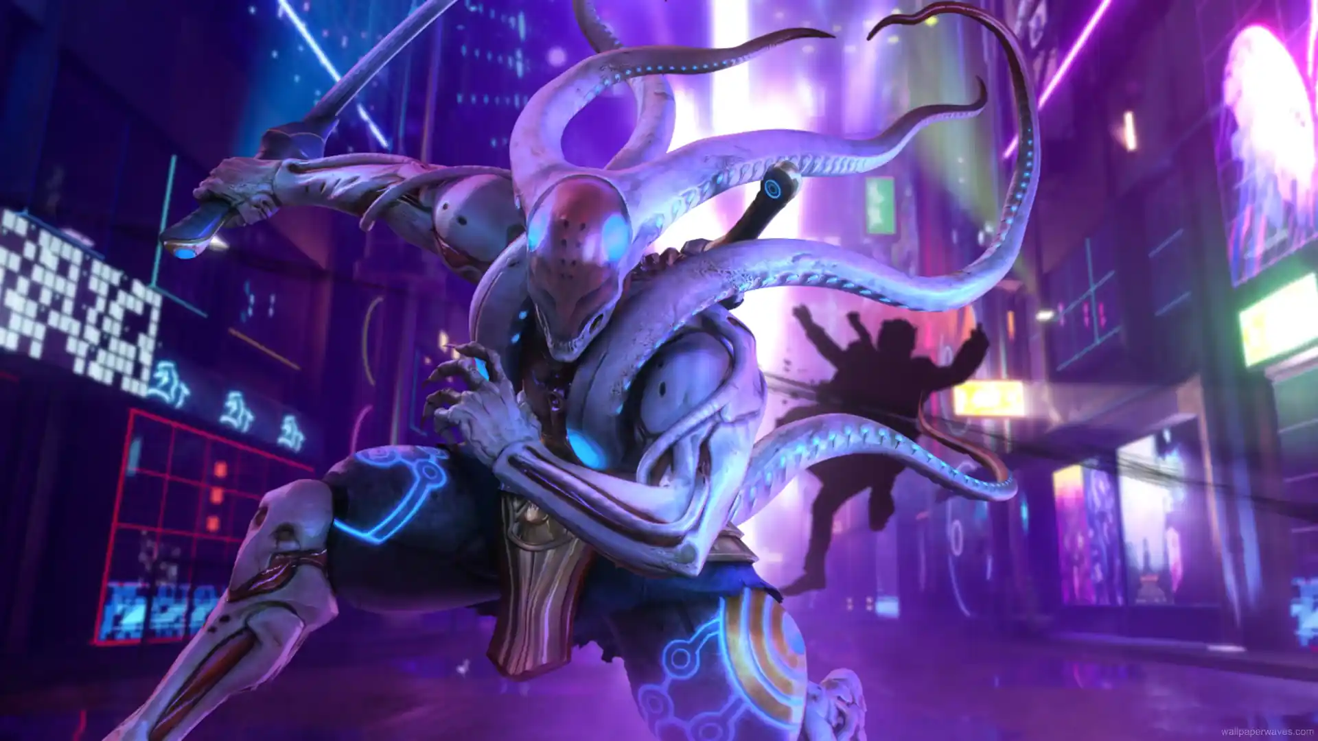 Yoshimitsu from Tekken 7 mid-spin in glowing samurai armor with neon energy effects and cyberpunk battlefield wallpaper.
