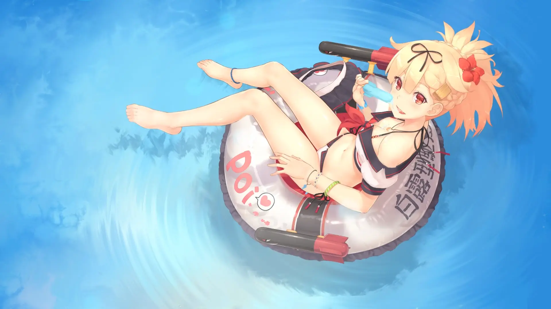 Yuudachi Kai Ni from Kantai Collection relaxing in a pool under sunlight with sparkling water and playful expression in a summer anime wallpaper.