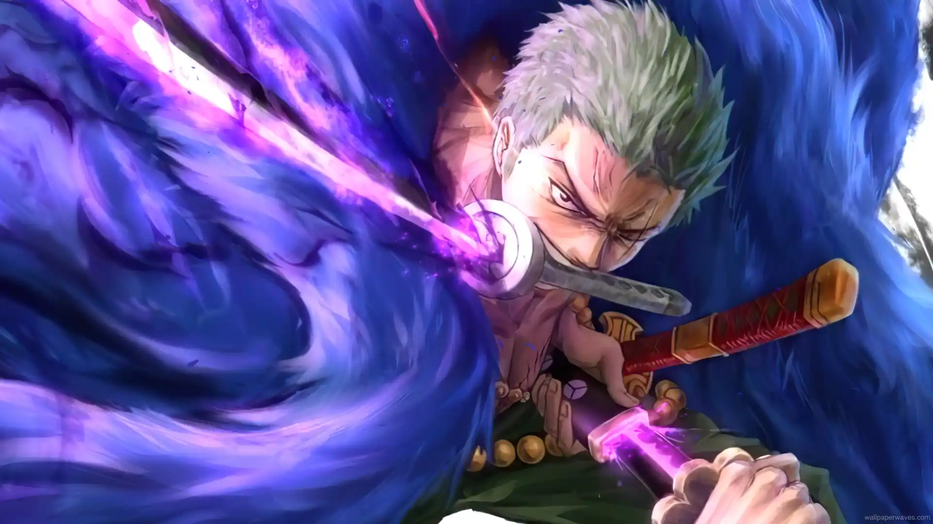 Roronoa Zoro wielding the Enma sword with dark aura energy and intense expression from One Piece anime wallpaper.