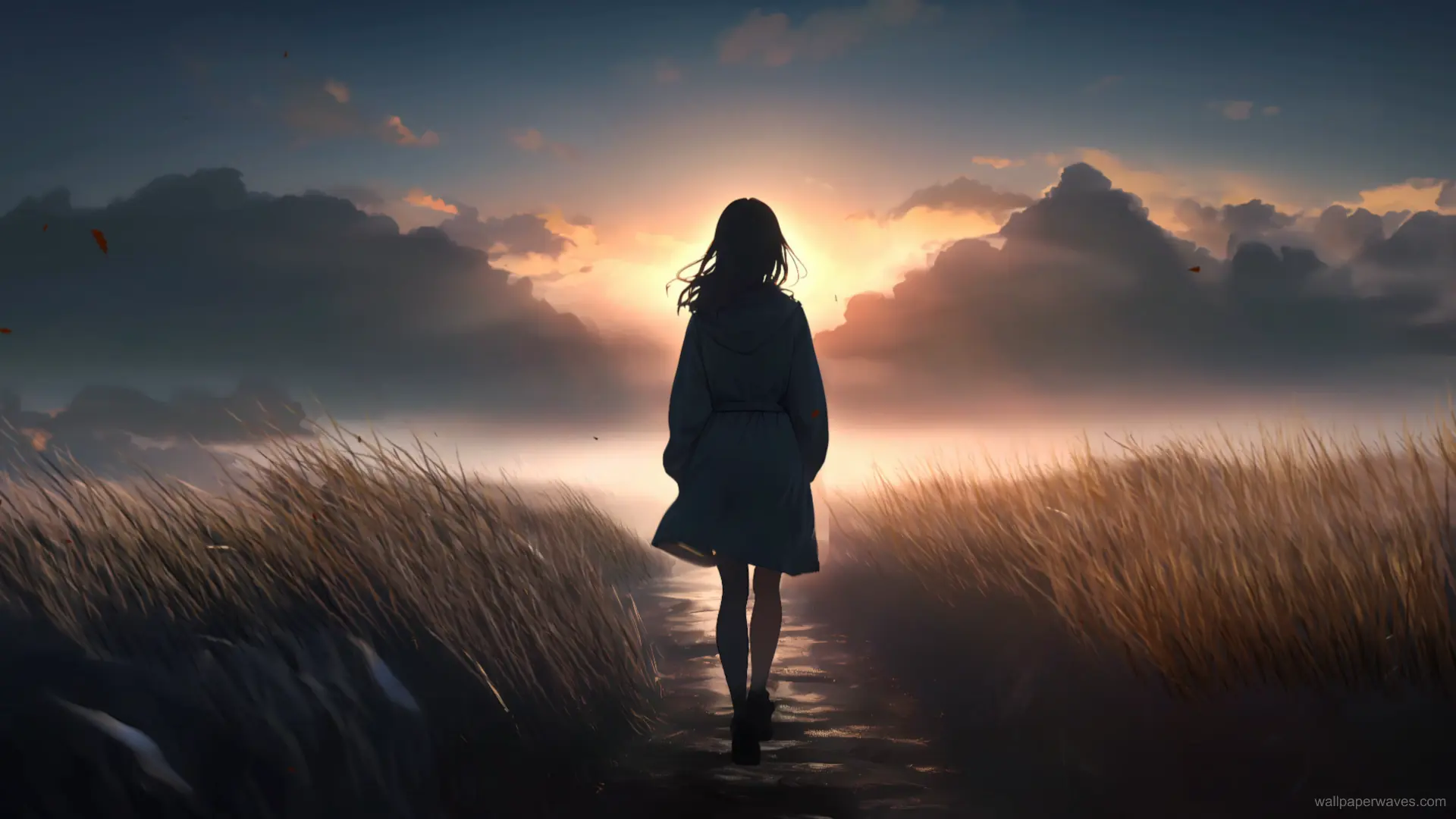 Anime girl standing alone, gazing at a vibrant sunset over the horizon with warm colors filling the sky.