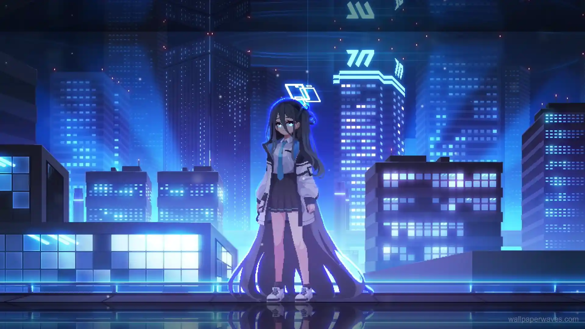 Pixel art of Arisu standing in a futuristic city with neon-lit skyscrapers and a cyberpunk atmosphere.