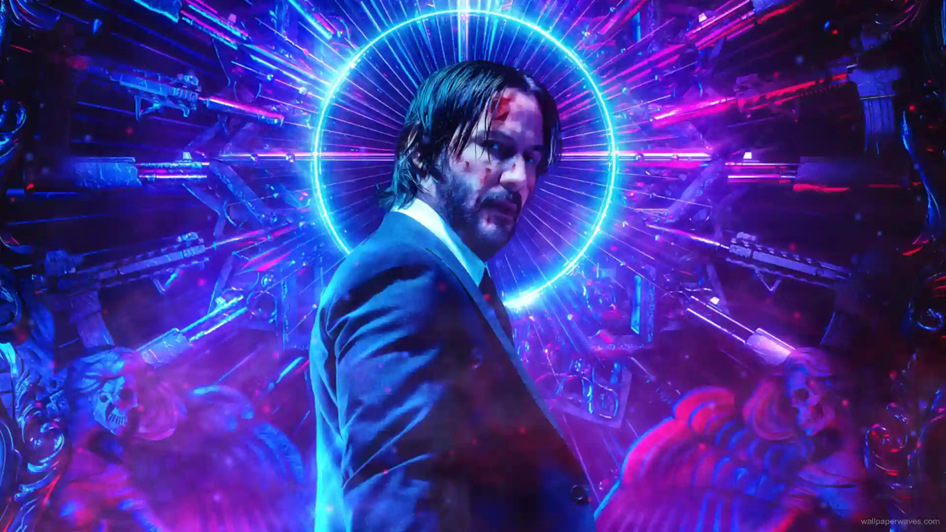 John Wick in a black suit standing in a neon-lit corridor with a determined expression, surrounded by vibrant blue and purple lights.
