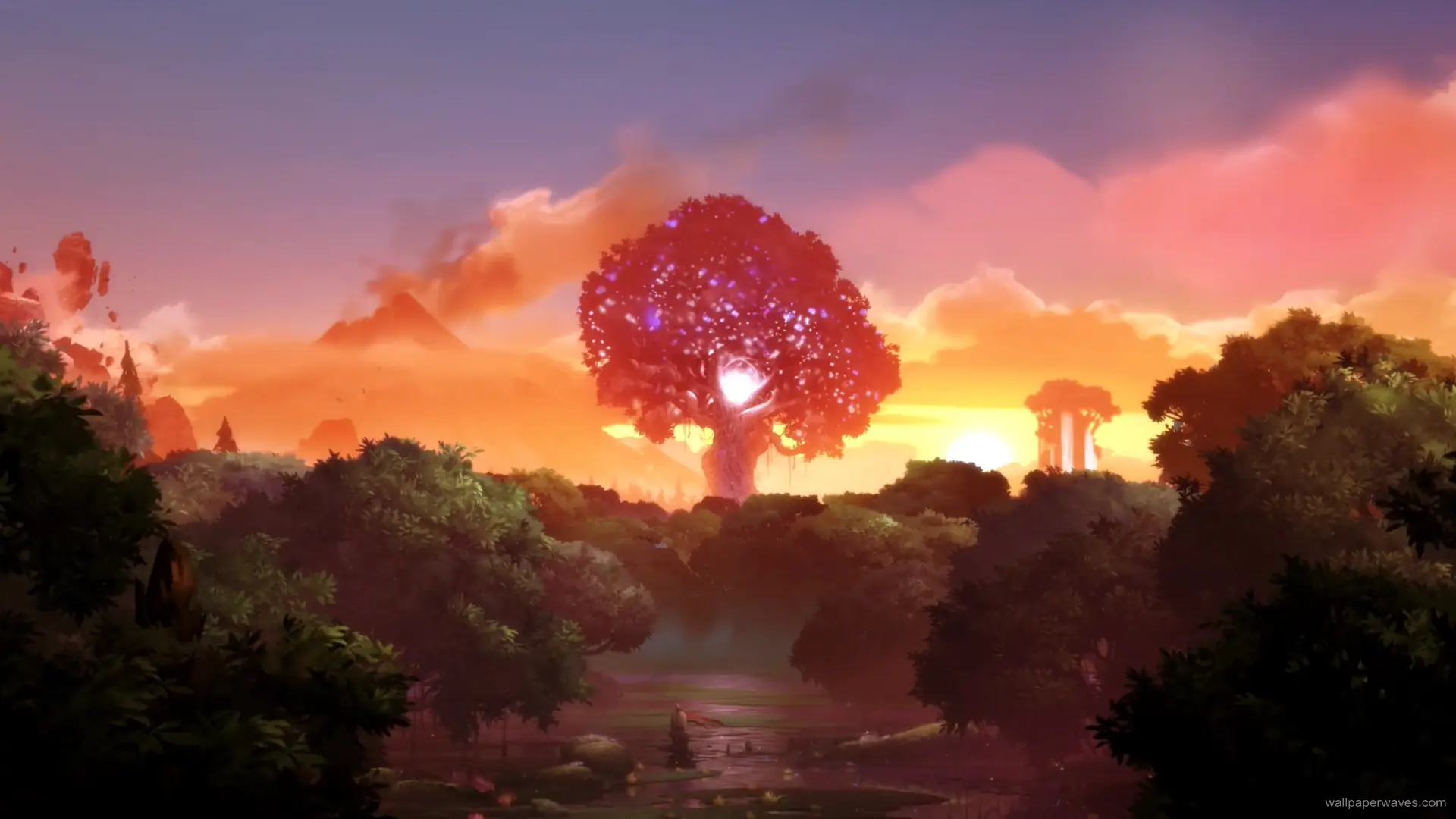 Ori standing in a luminous forest with glowing trees and floating particles, capturing the ethereal beauty of Nibel.