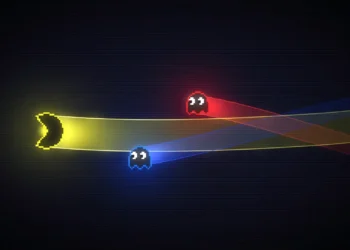 Animated Pac-Man navigating a neon-lit maze, pursued by colorful ghosts in a retro arcade setting.
