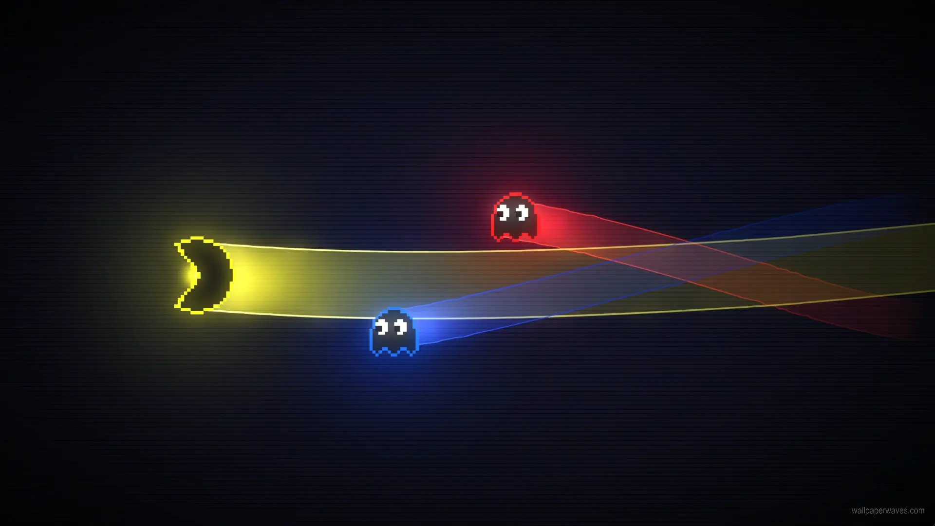 Animated Pac-Man navigating a neon-lit maze, pursued by colorful ghosts in a retro arcade setting.