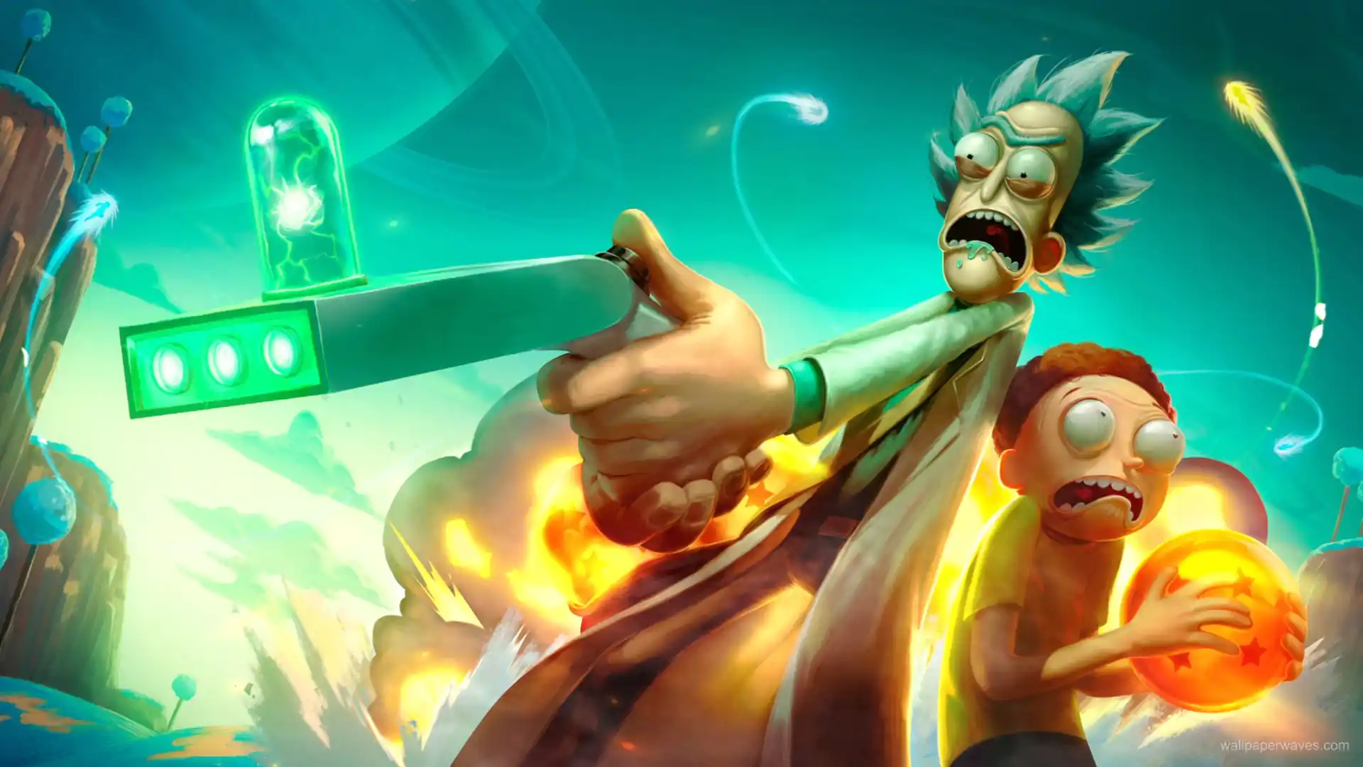 Animated scene of Rick and Morty traveling through a colorful interdimensional portal with cosmic backgrounds.