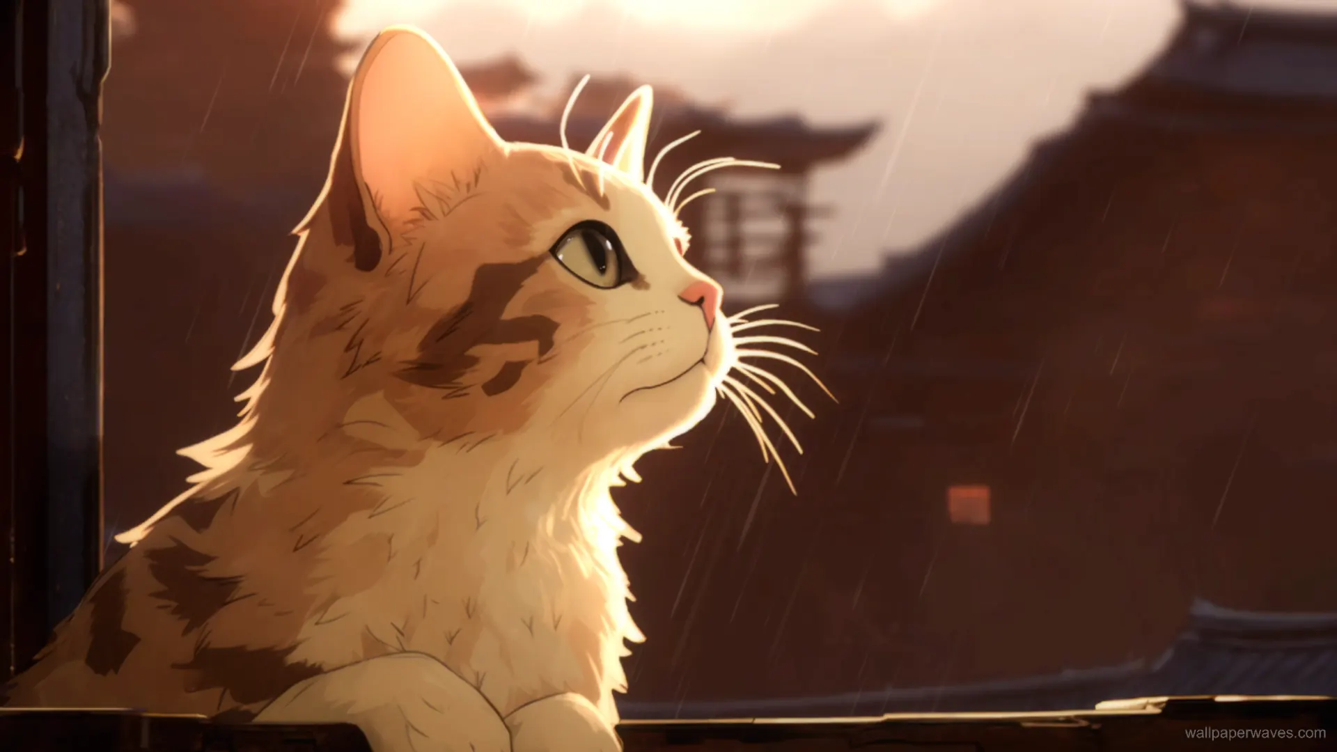 Animated depiction of a stray cat sitting by a window, watching the rain fall outside, creating a serene and contemplative scene.