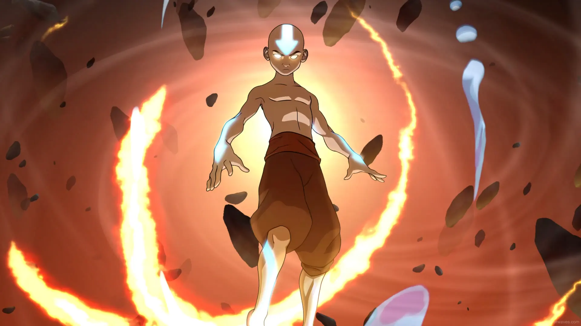 Aang standing on a cliff with elemental animations swirling around him against a sunrise sky, animated wallpaper