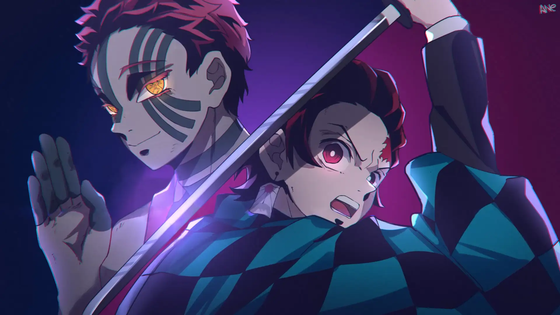 Animated scene of Akaza and Tanjiro Kamado battling in Demon Slayer: Kimetsu no Yaiba.