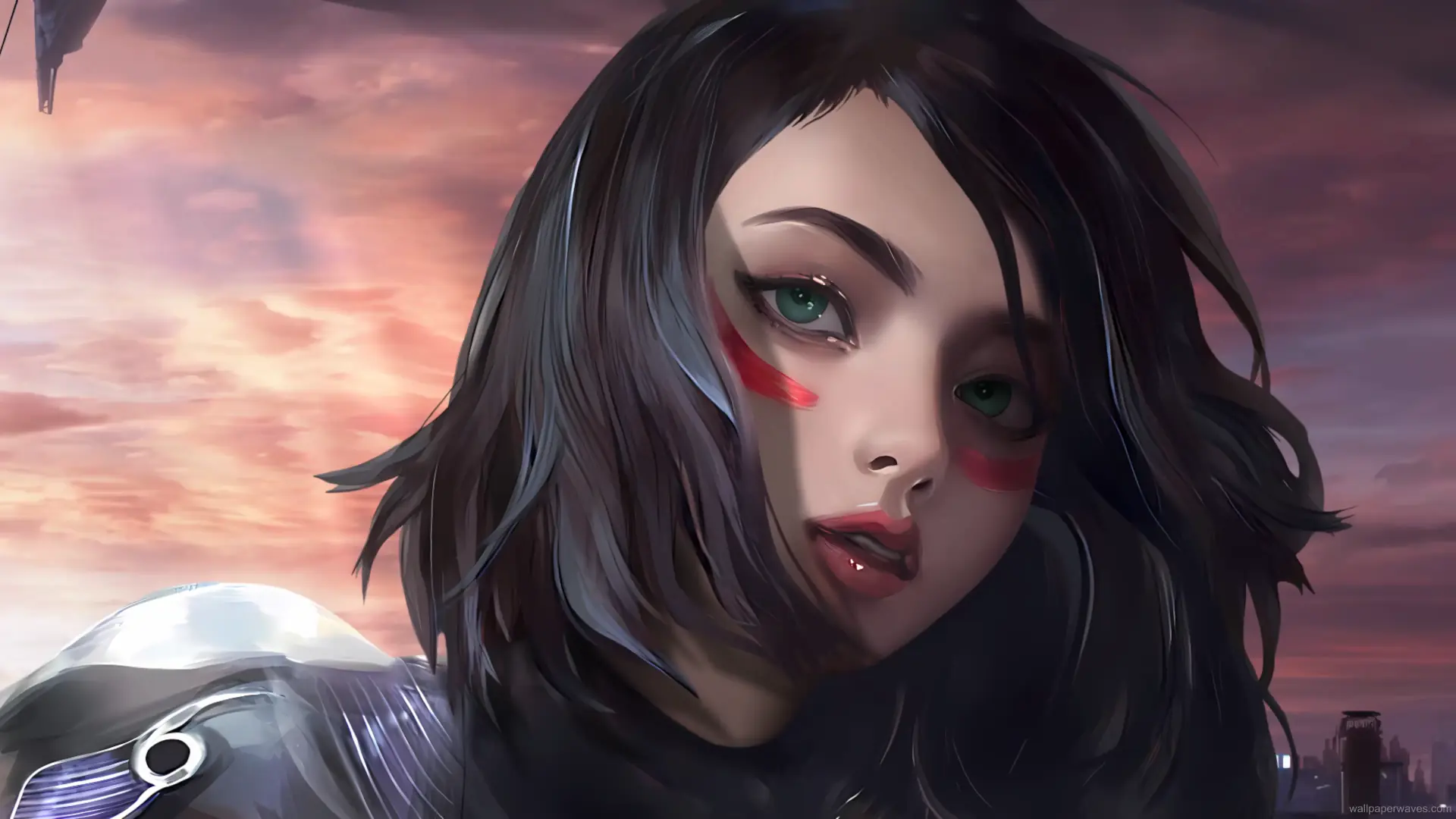Alita gracefully moving through a neon-lit futuristic city, blending human emotion with cybernetic precision, Battle Angel live wallpaper