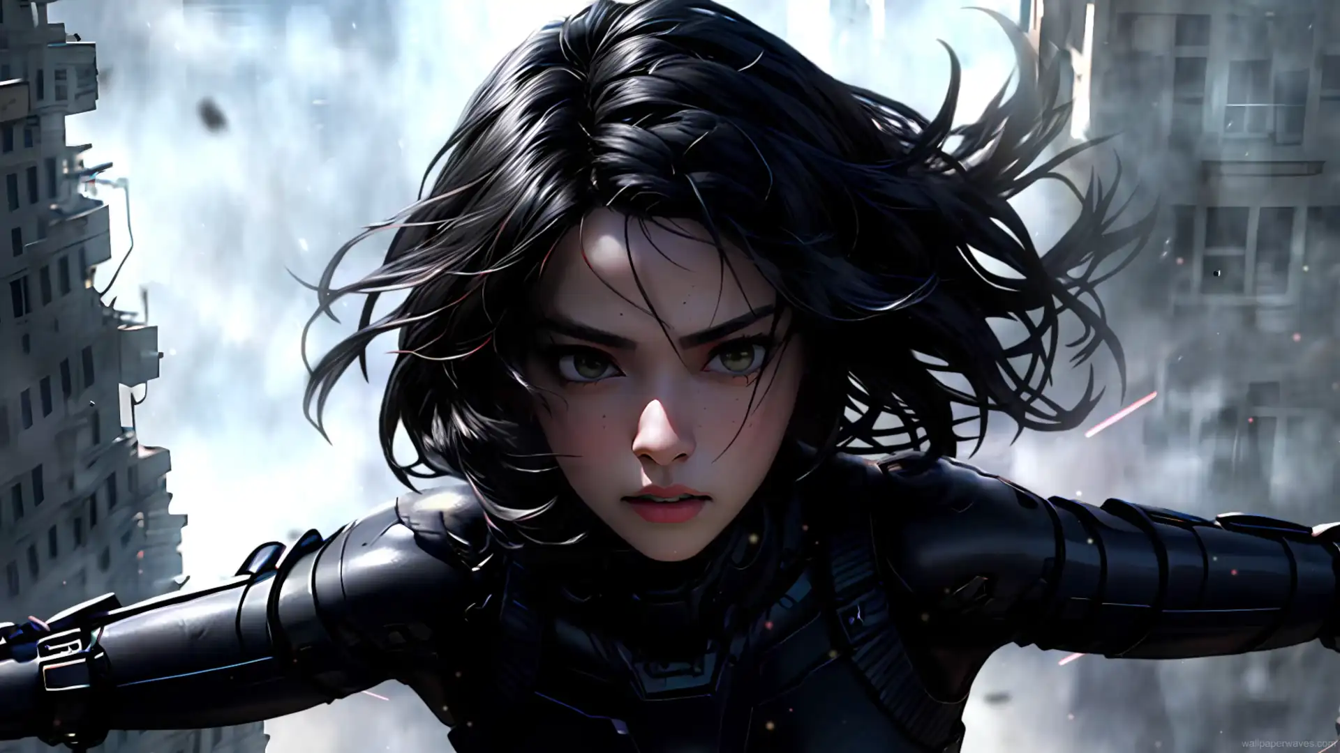Alita standing in a neon-lit futuristic cityscape with subtle animations highlighting her cybernetic features, live wallpaper