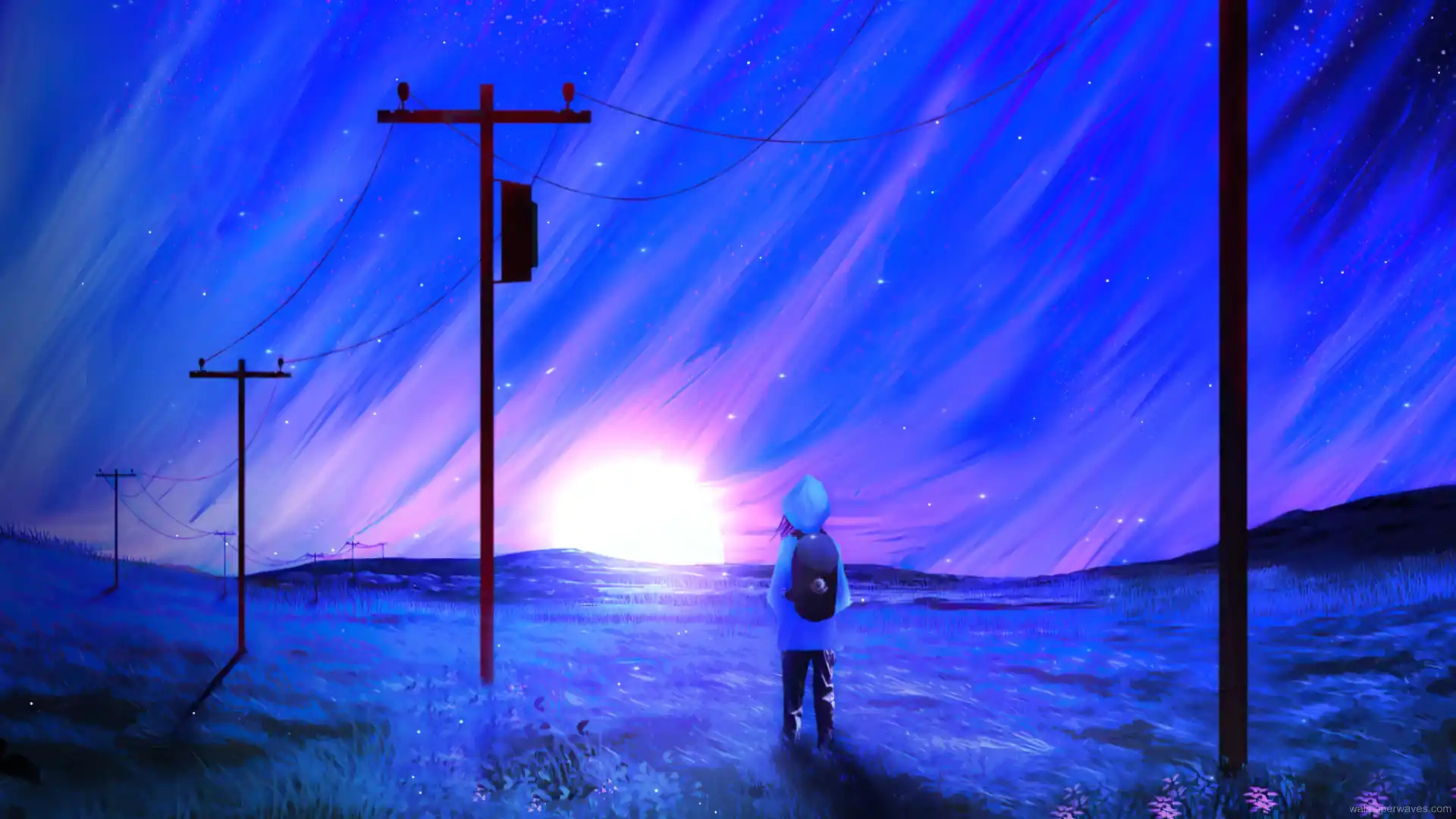 A lone boy standing in a field watching the sunrise, surrounded by soft hues of dawn, live wallpaper