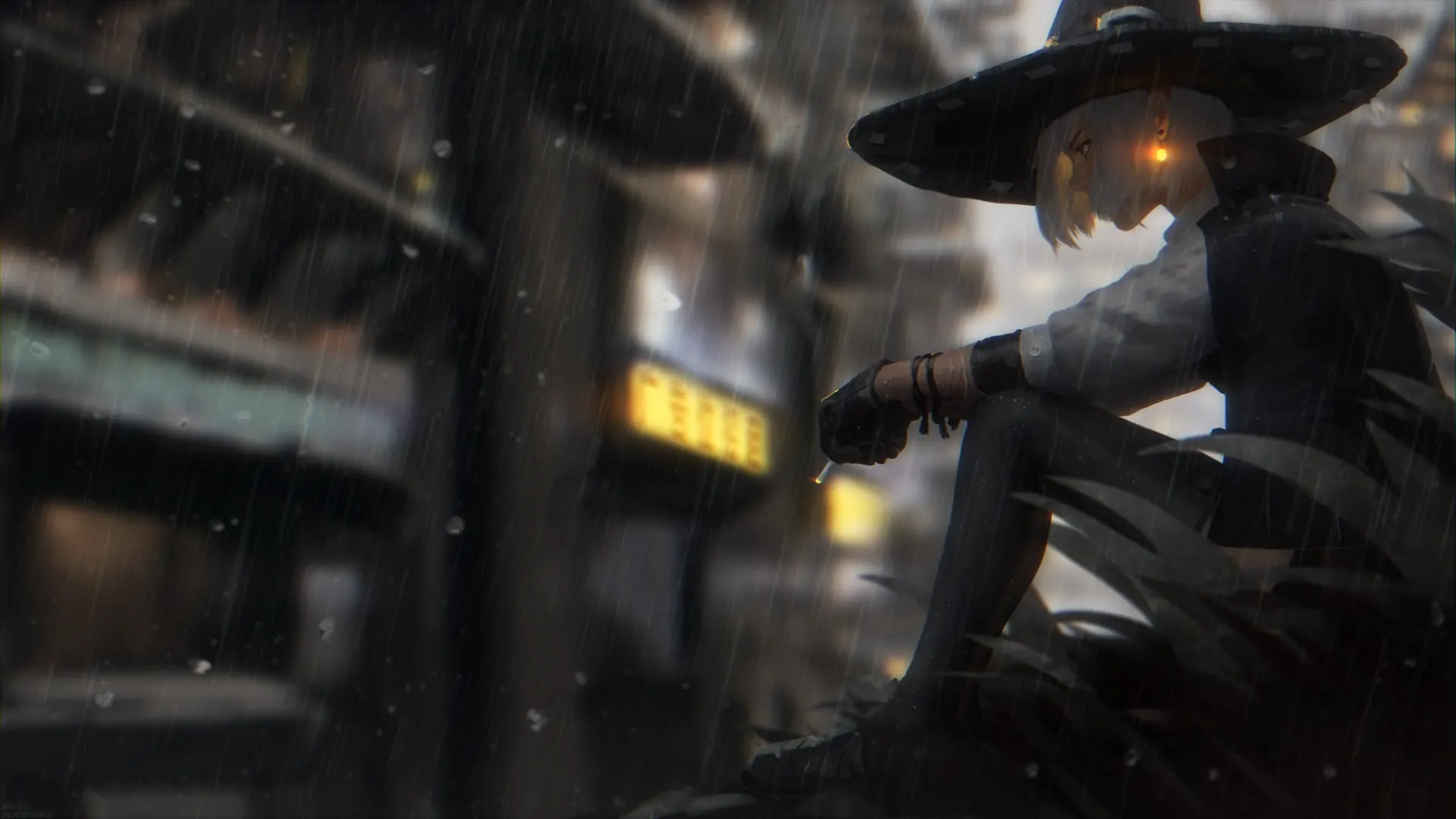 Animated depiction of an anime girl smoking under the rain, set against a moody cityscape.