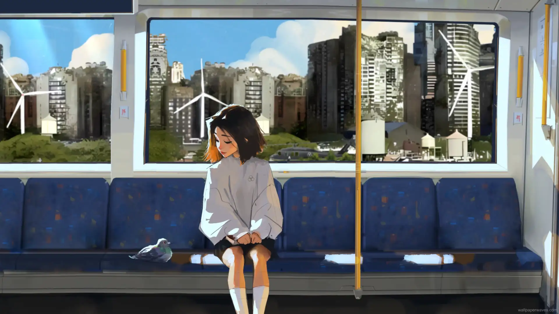 Anime girl gazing out of a train window during sunset, with warm light illuminating her face and the passing landscape, live wallpaper