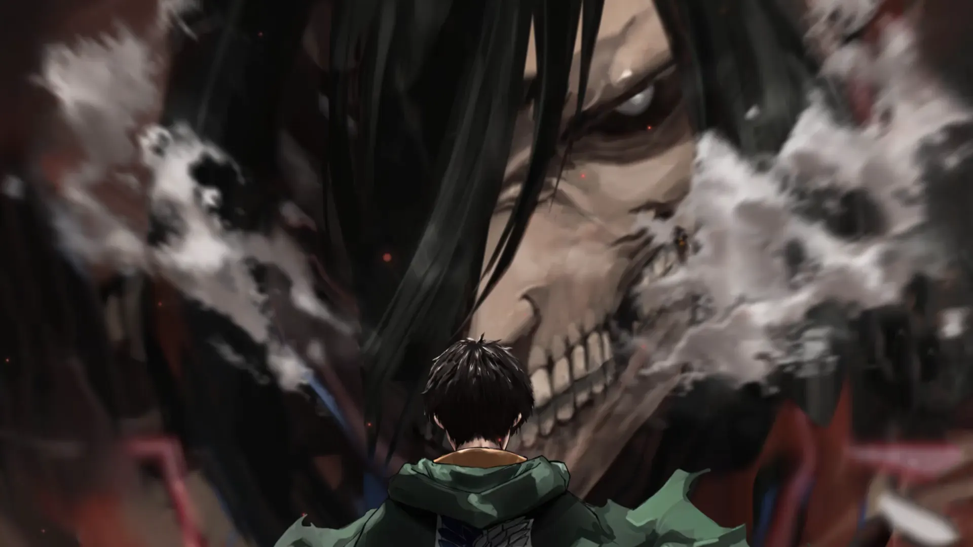 Animated depiction of Eren Yeager from Attack on Titan, showcasing his determined stance with dynamic energy effects.