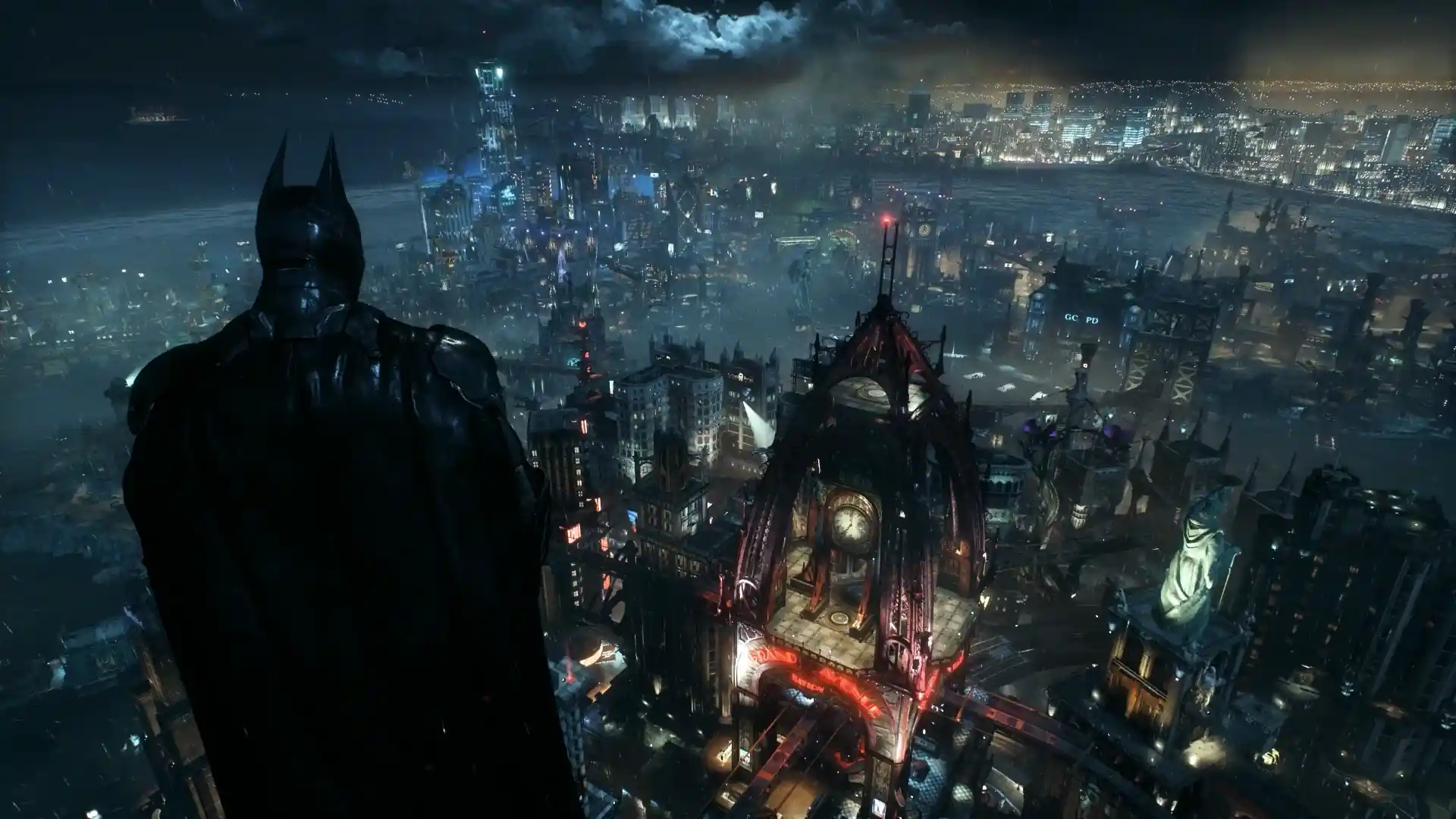Animated depiction of Batman overlooking Gotham City at night, with the Bat-Signal illuminating the cloudy sky.