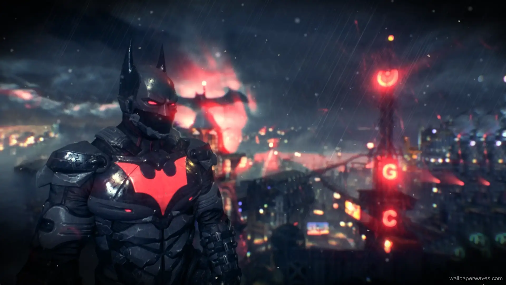 Animated Batman standing over Gotham City during a stormy night.