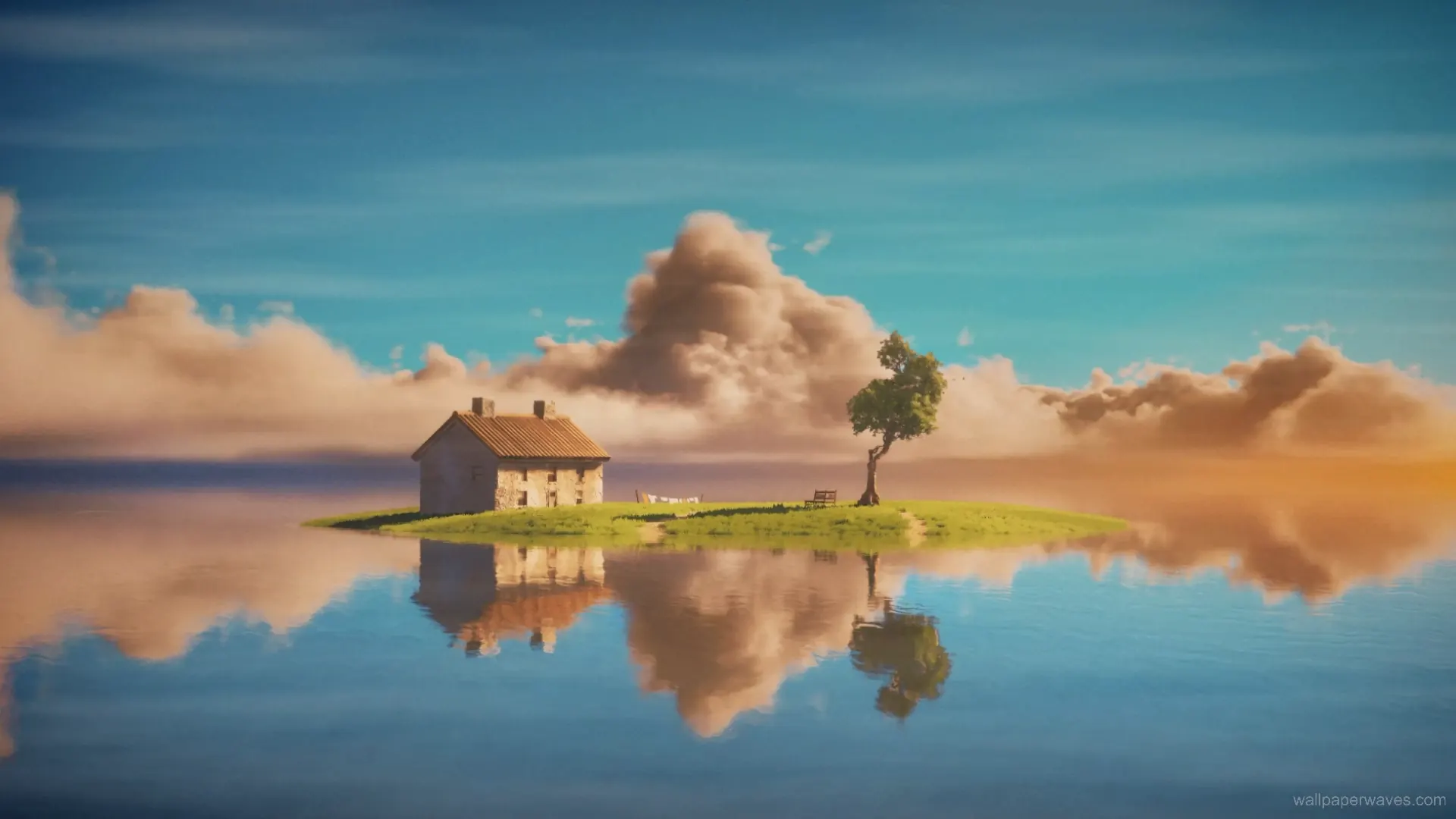 Animated scene of a tranquil island with lush greenery, clear blue waters, and a vibrant sky.