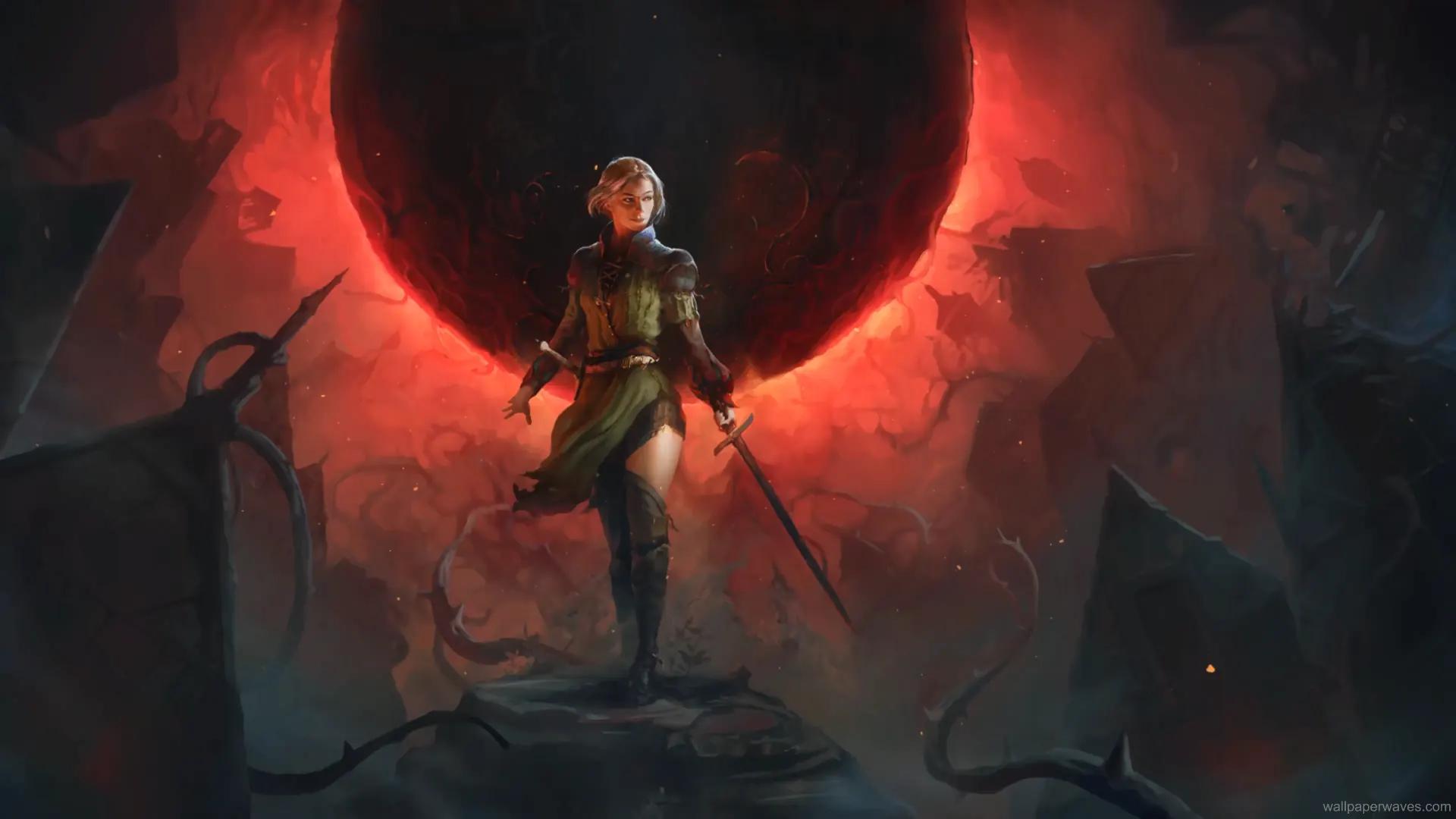 Animated scene of a warrior standing before a dark eclipse with a red glow, inspired by Gwent: The Witcher.
