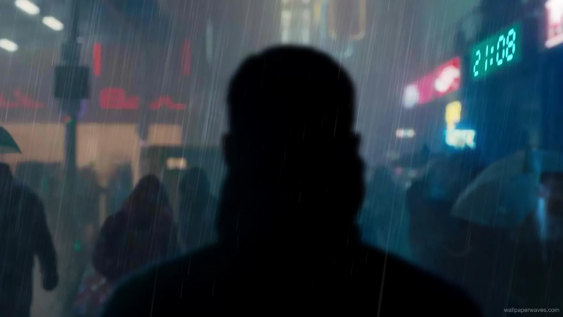 Animated depiction of Officer K walking through a neon-lit, rain-soaked street in a dystopian cityscape.