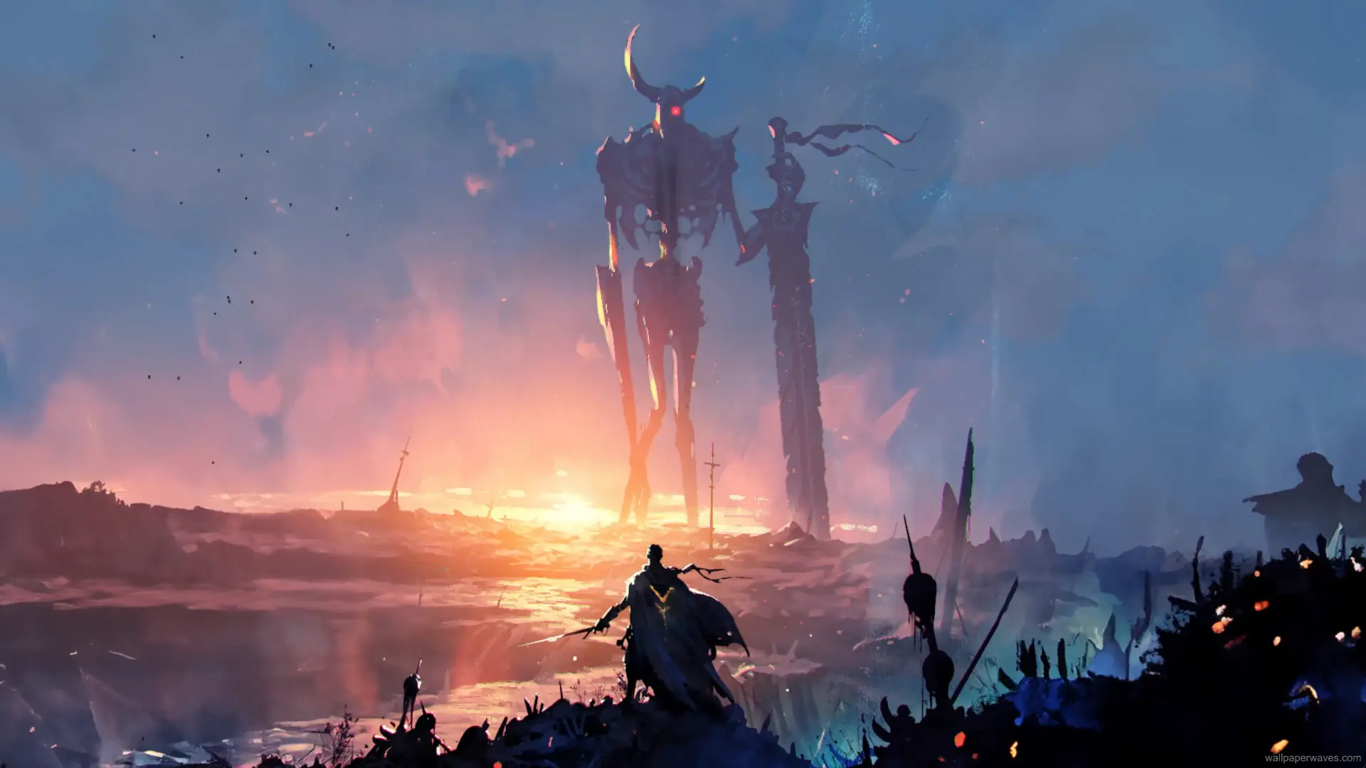 Colossal blade-wielding titan amidst a fiery battlefield.