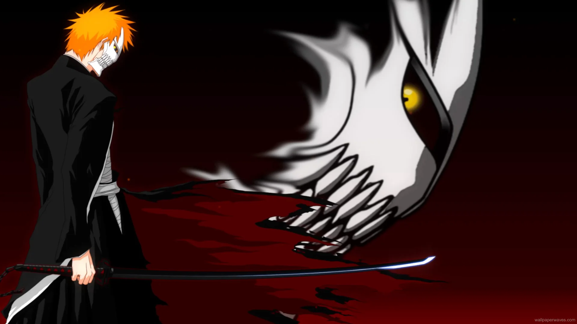Ichigo Kurosaki unleashing his Bankai with crimson energy swirling around him in a dark battlefield, Bleach live wallpaper