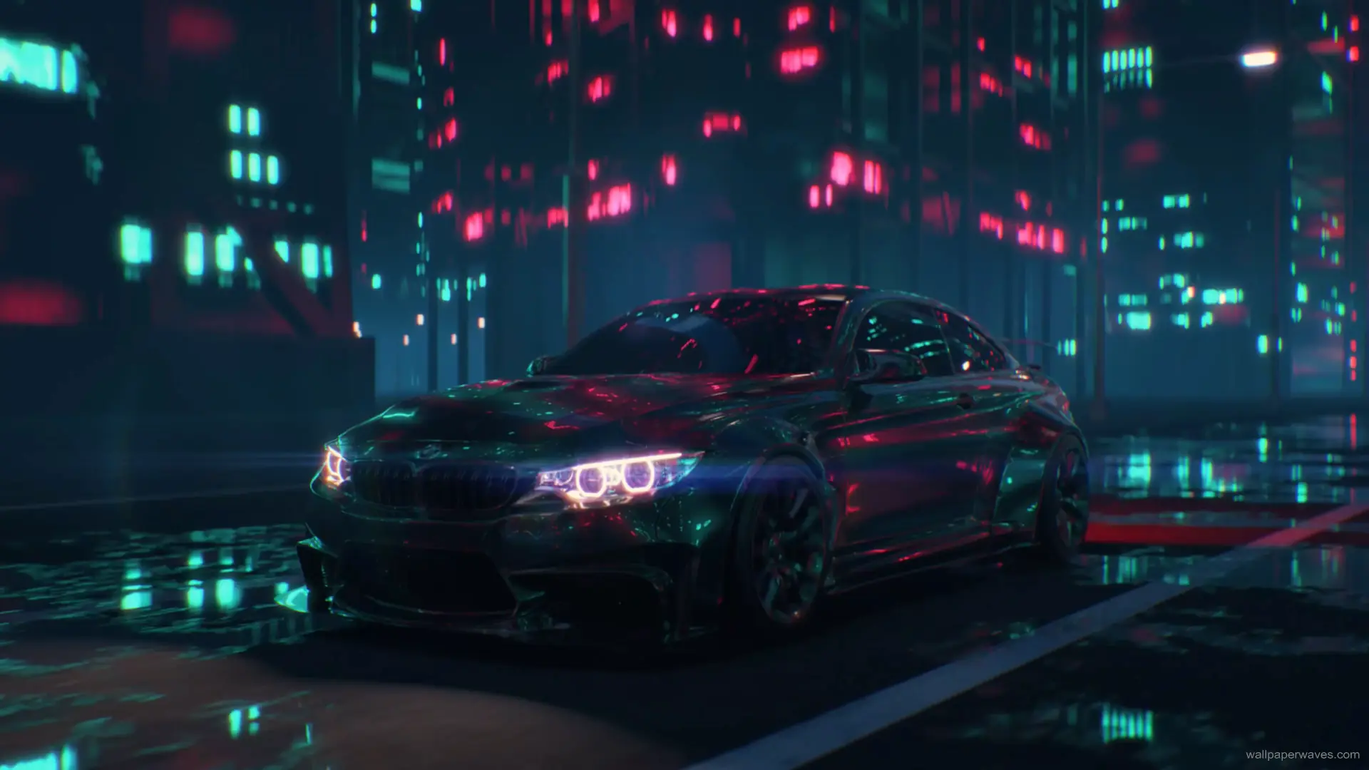 BMW M4 with Liberty Walk body kit parked on a neon-lit city street at night, reflecting vibrant lights on wet pavement.